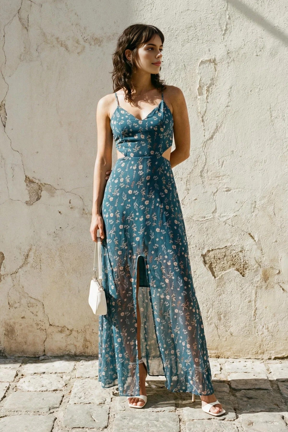 A-Line Lined Maxi Dress with Waist Detail and Floral Pattern