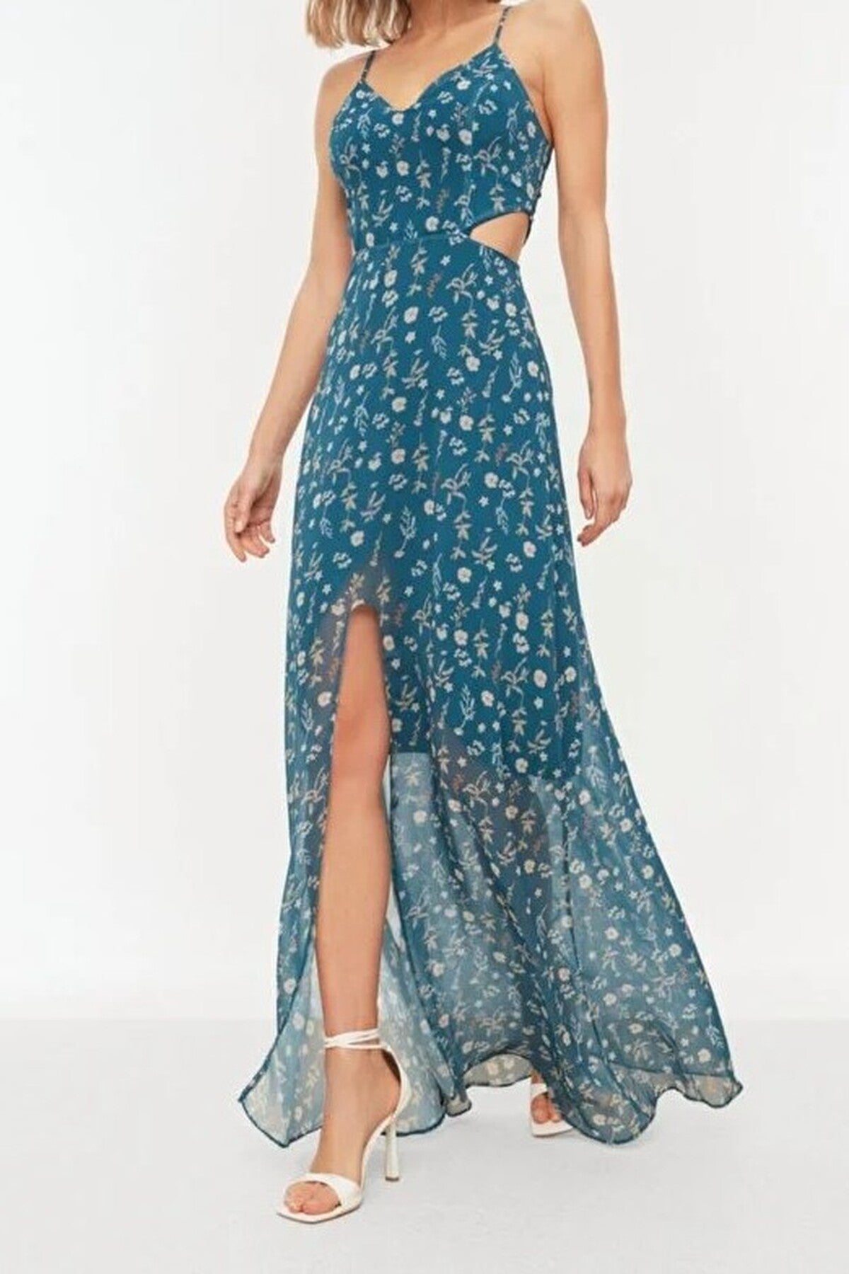A-Line Lined Maxi Dress with Waist Detail and Floral Pattern