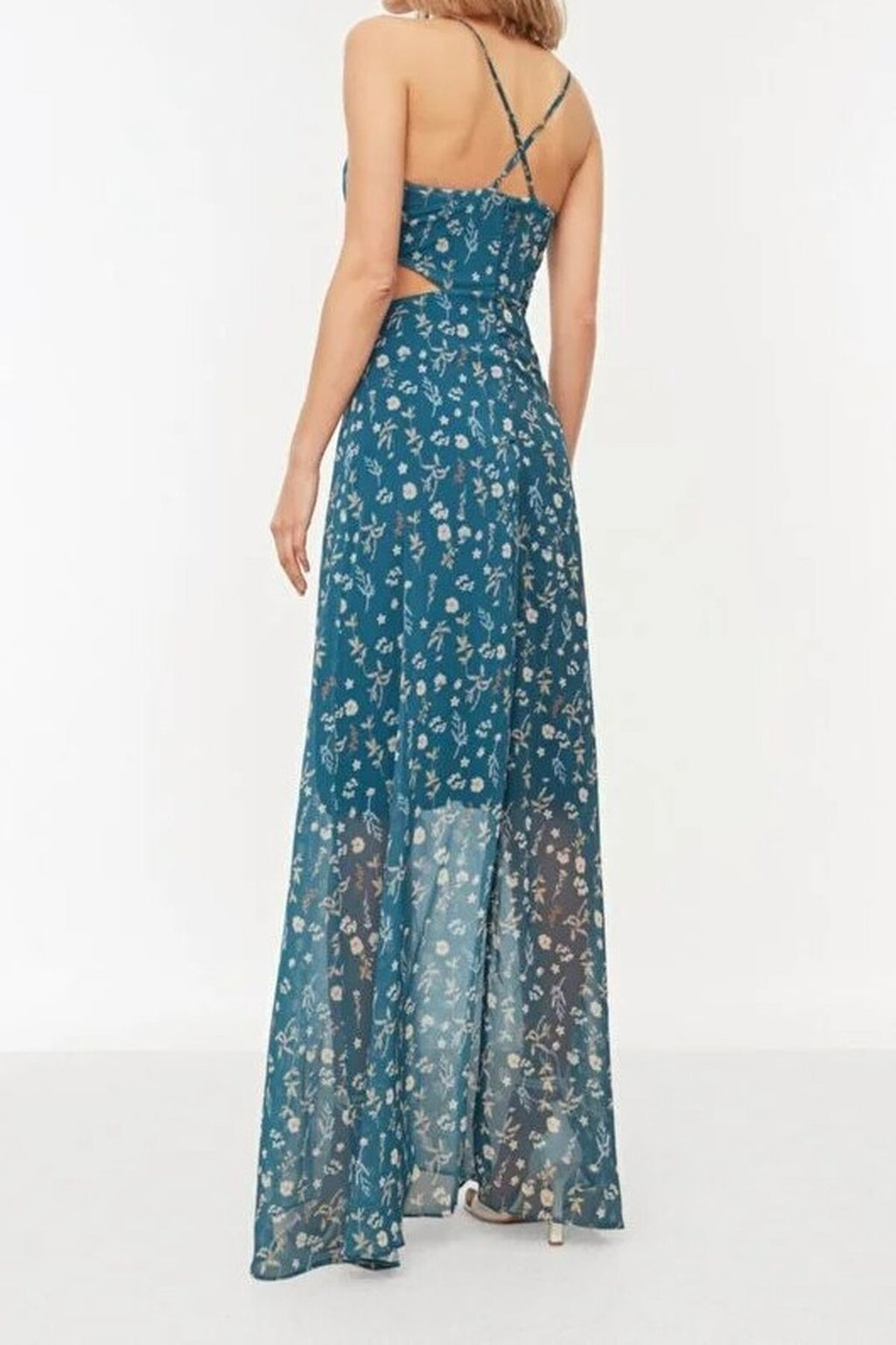 A-Line Lined Maxi Dress with Waist Detail and Floral Pattern