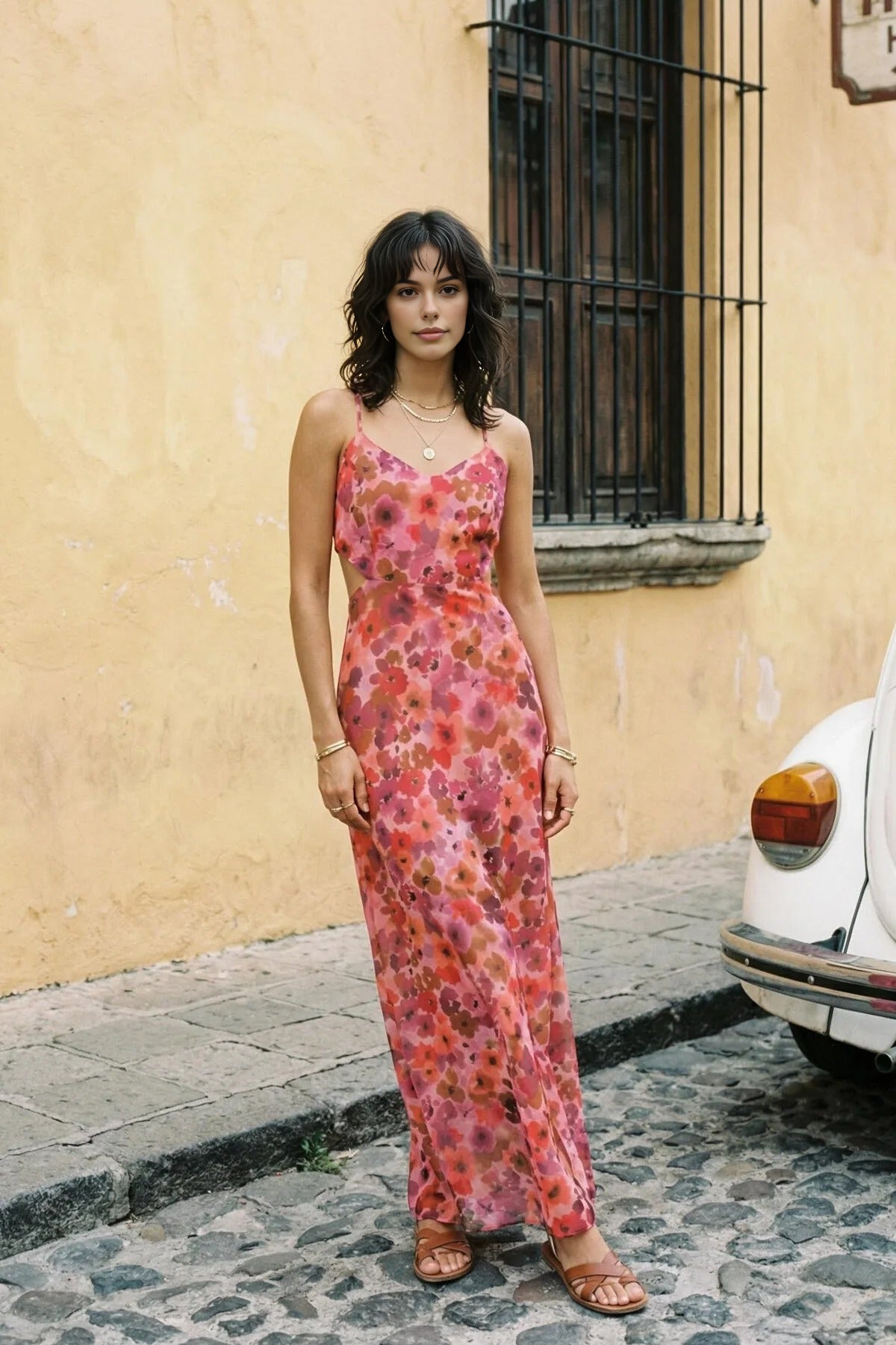 A-Line Lined Maxi Dress with Waist Detail and Floral Pattern