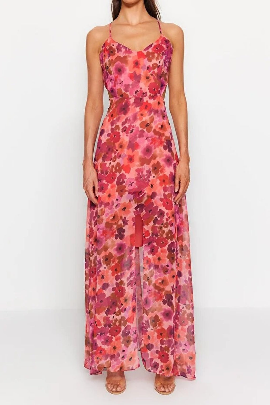 A-Line Lined Maxi Dress with Waist Detail and Floral Pattern