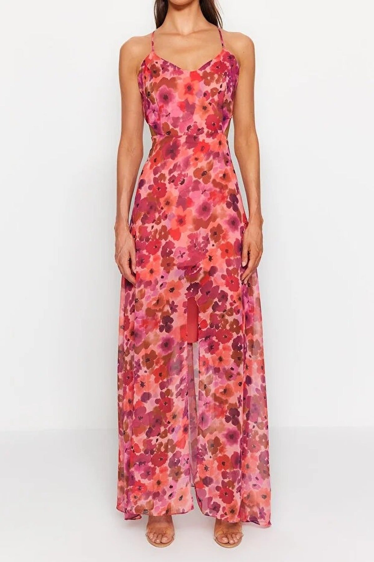 A-Line Lined Maxi Dress with Waist Detail and Floral Pattern