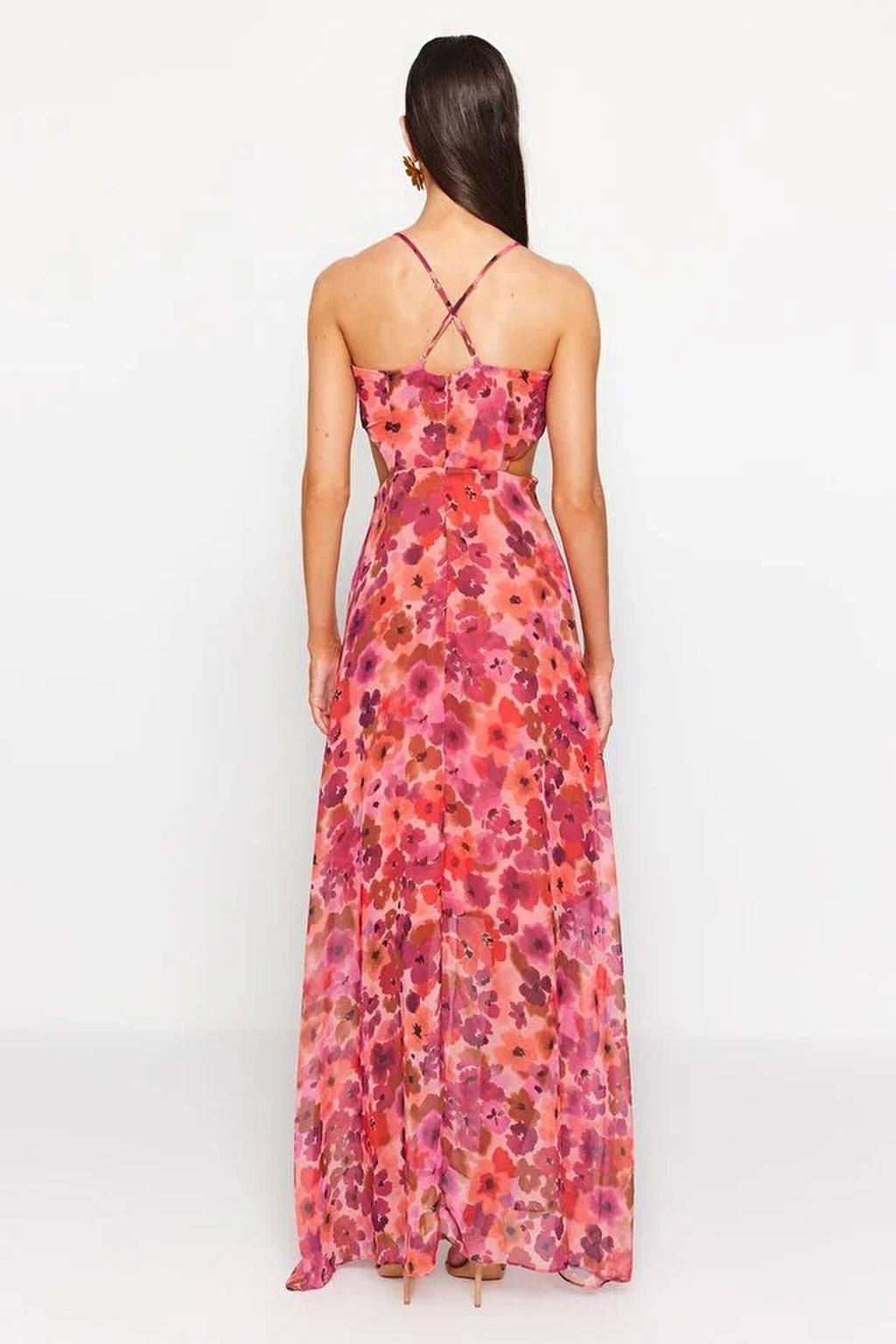 A-Line Lined Maxi Dress with Waist Detail and Floral Pattern
