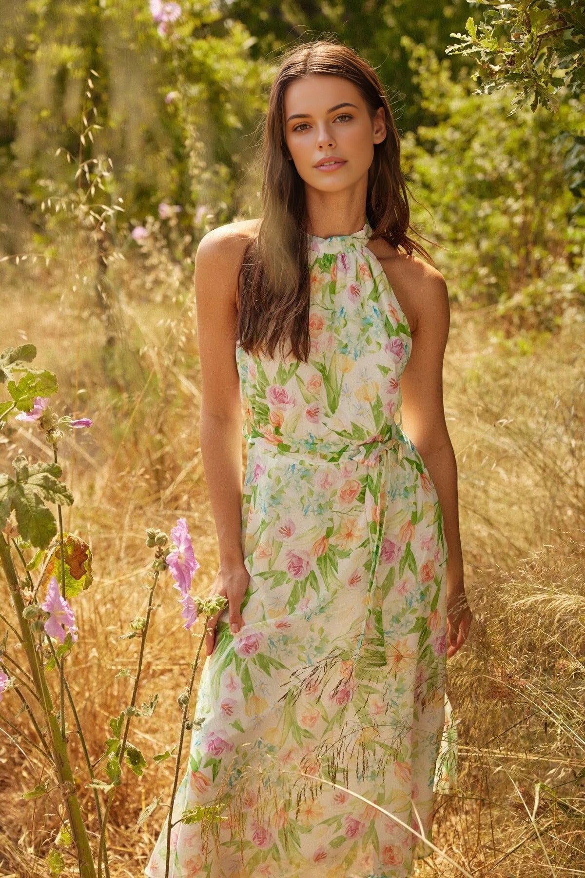 Floral Patterned Belted A-Line Halter Neck Lined Chiffon Midi Dress