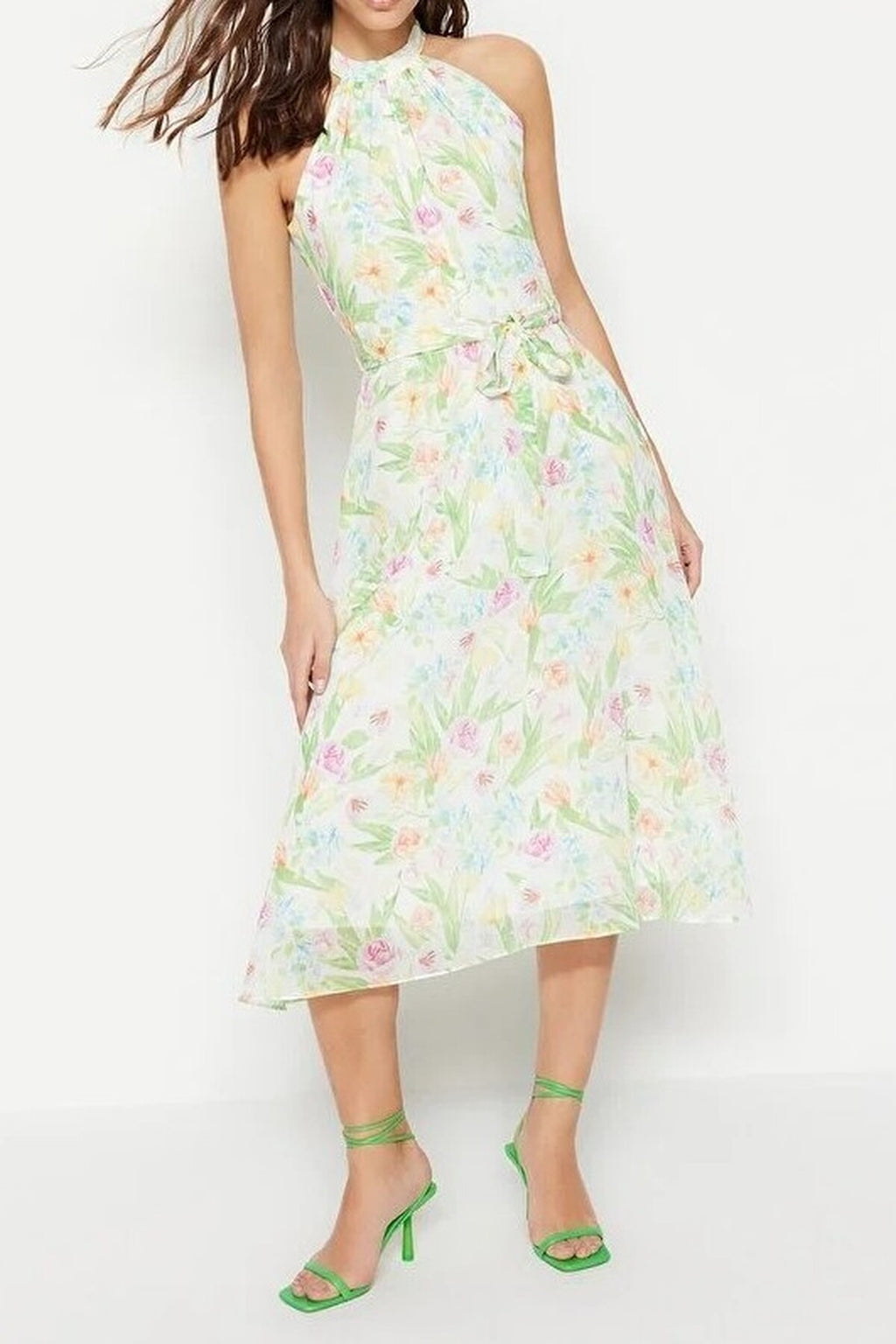 Floral Patterned Belted A-Line Halter Neck Lined Chiffon Midi Dress