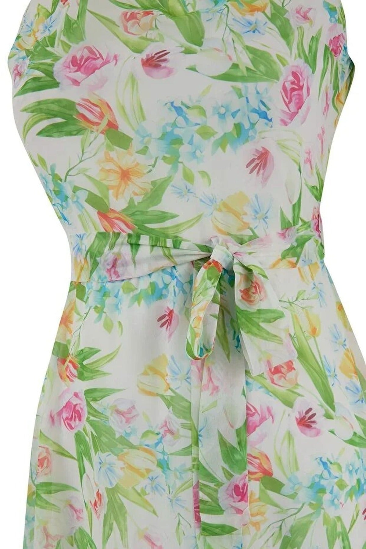 Floral Patterned Belted A-Line Halter Neck Lined Chiffon Midi Dress