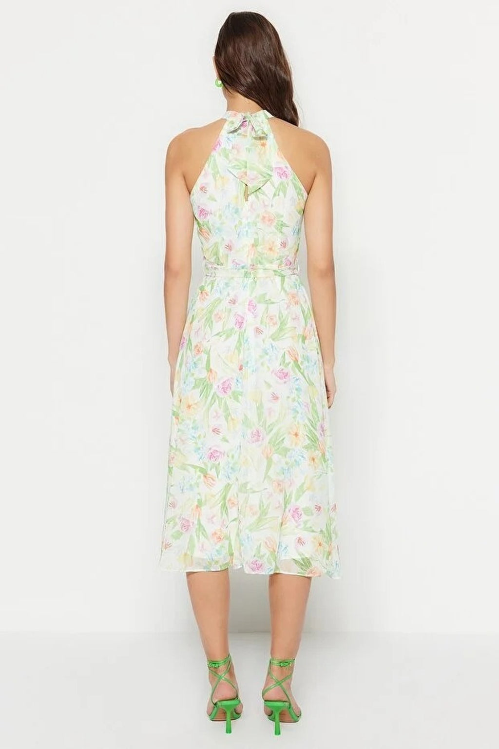 Floral Patterned Belted A-Line Halter Neck Lined Chiffon Midi Dress