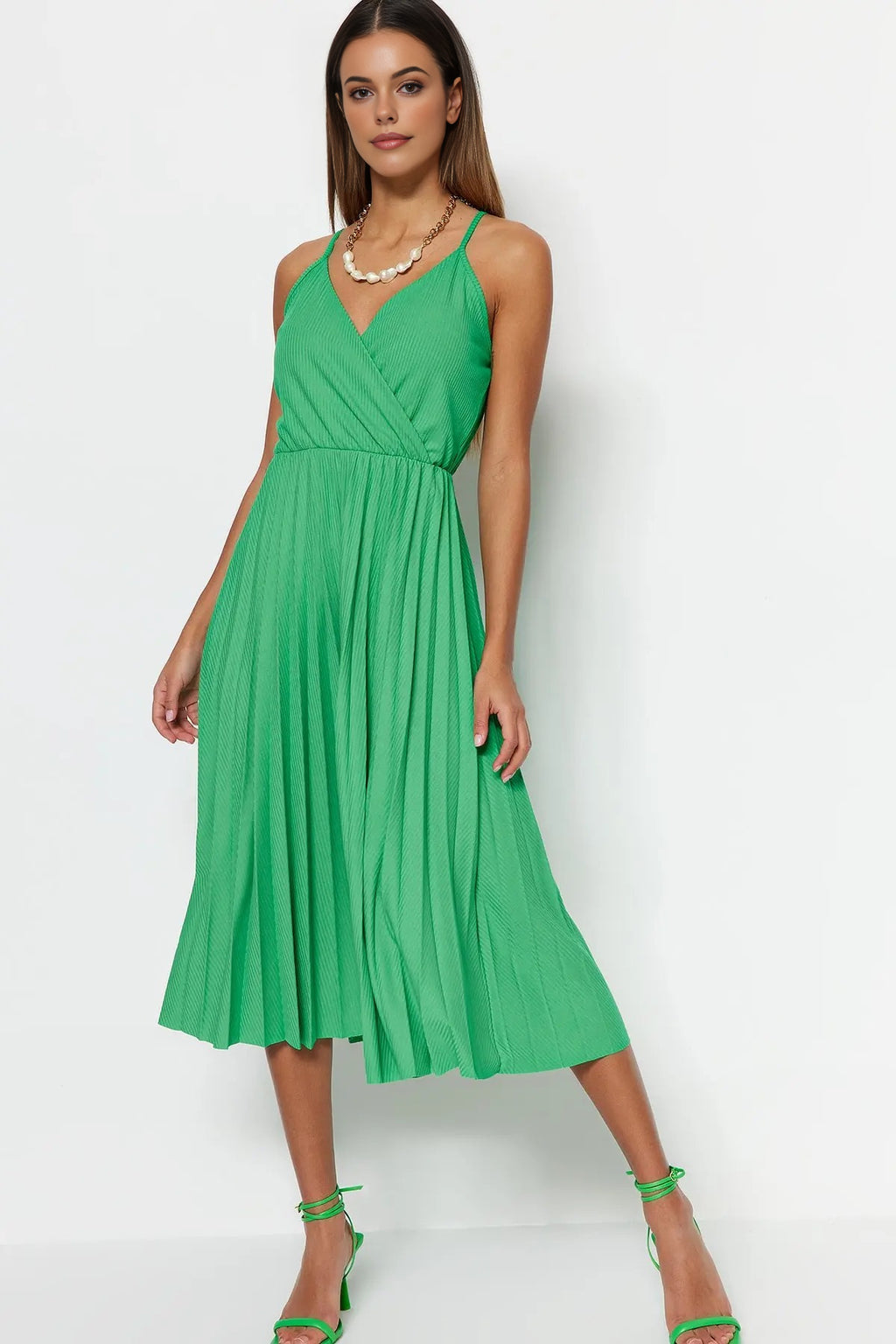 Printed Wrap V-Neck Adjustable Straps Pleated Midi Dress