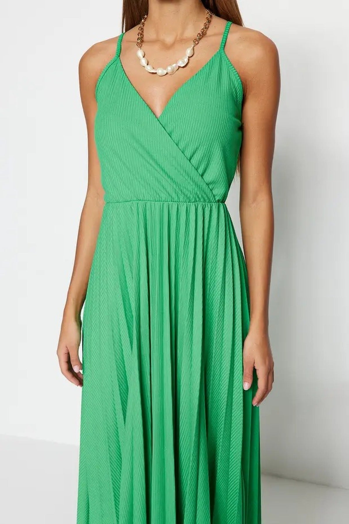Printed Wrap V-Neck Adjustable Straps Pleated Midi Dress