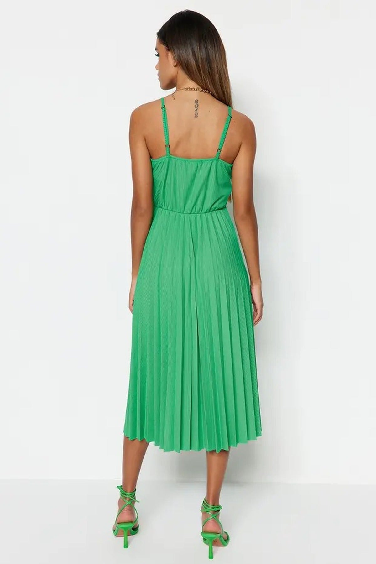 Printed Wrap V-Neck Adjustable Straps Pleated Midi Dress