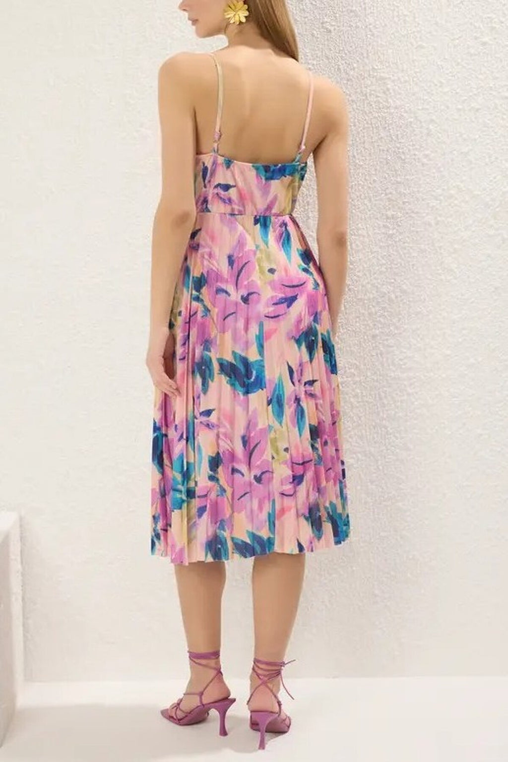 Printed Wrap V-Neck Adjustable Straps Pleated Midi Dress