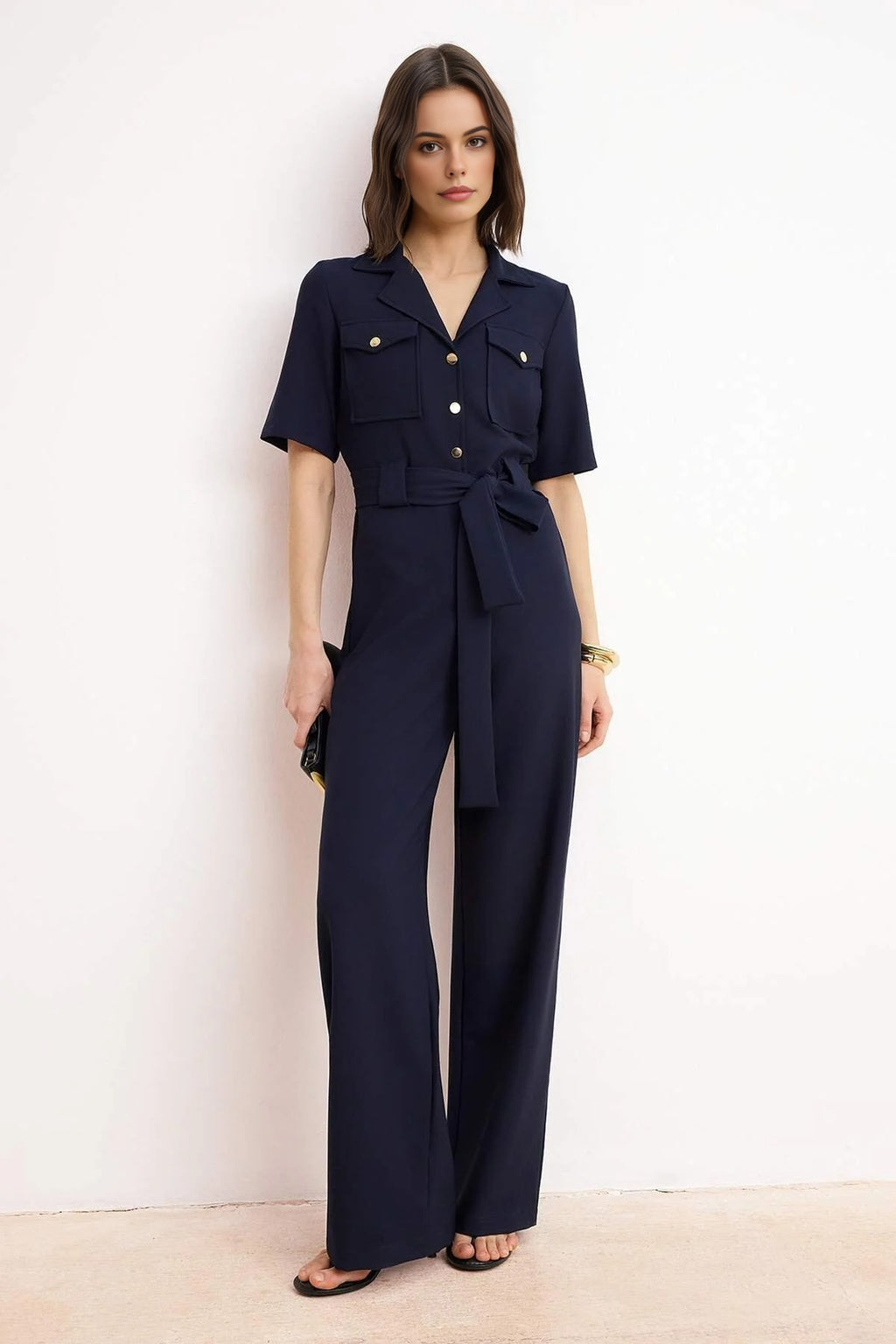 Belted Shirt Collar Button Detail Straight Leg Jumpsuit
