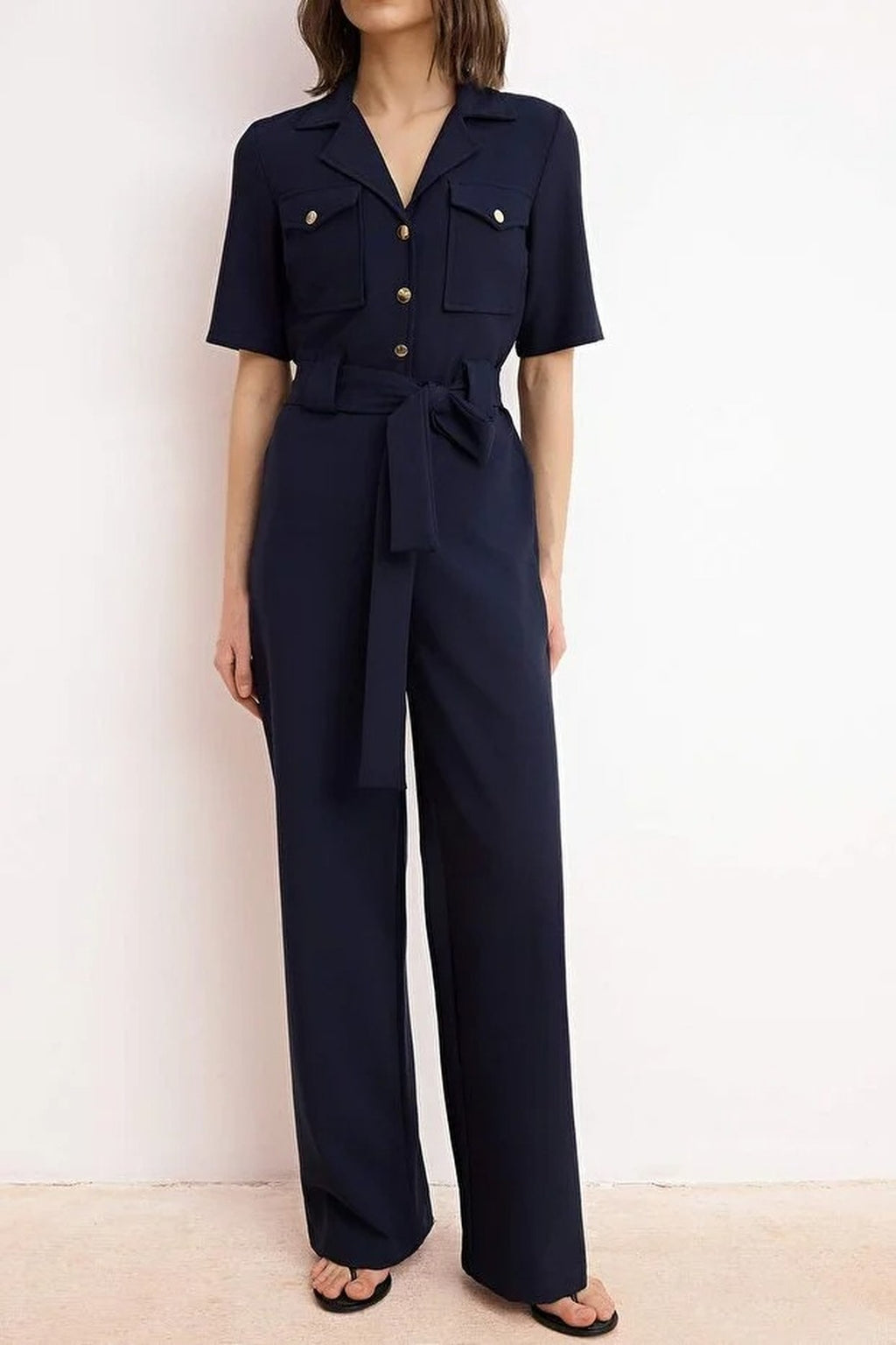 Belted Shirt Collar Button Detail Straight Leg Jumpsuit