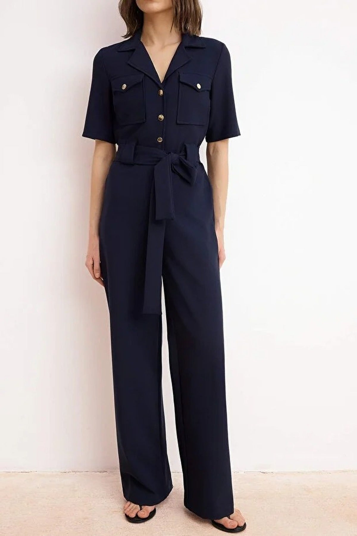Belted Shirt Collar Button Detail Straight Leg Jumpsuit