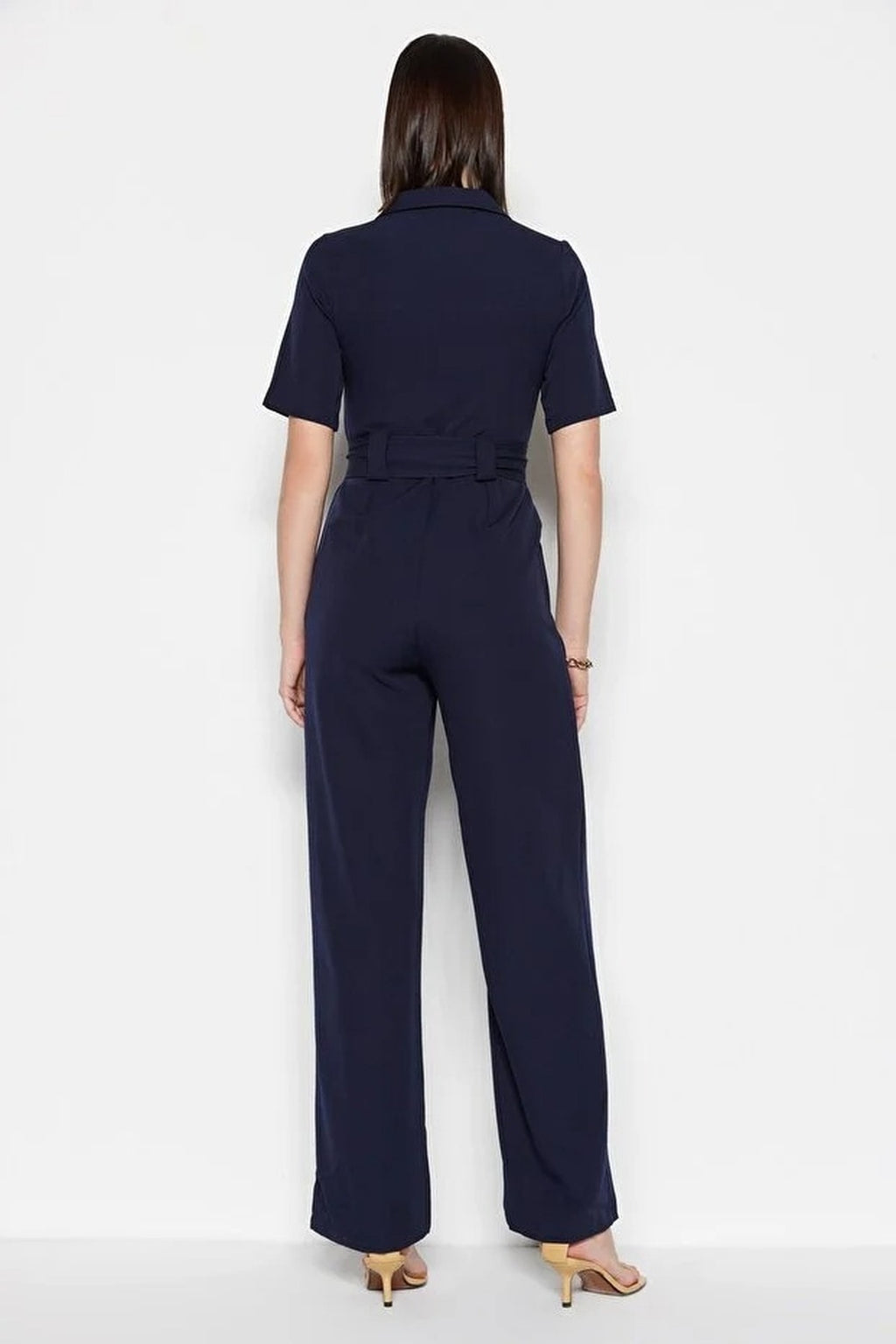 Belted Shirt Collar Button Detail Straight Leg Jumpsuit