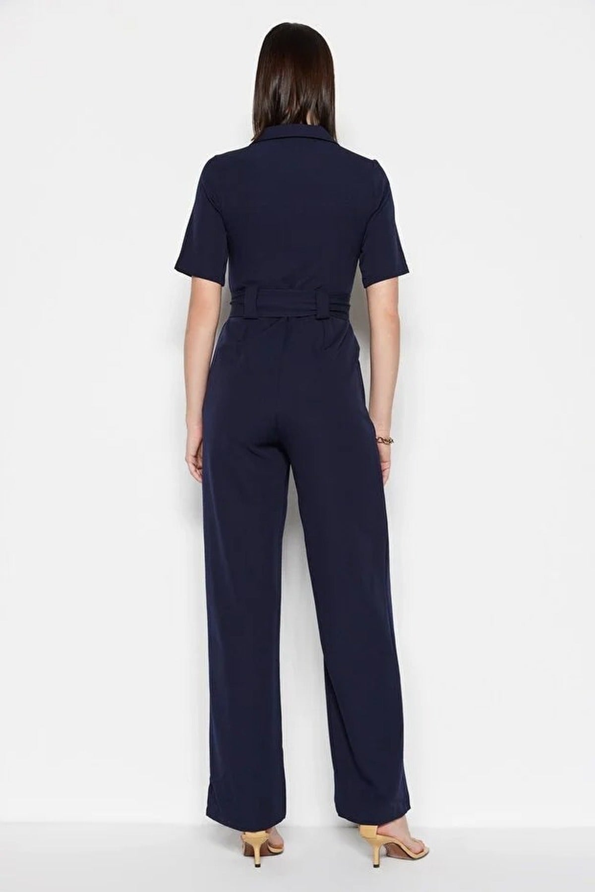 Belted Shirt Collar Button Detail Straight Leg Jumpsuit