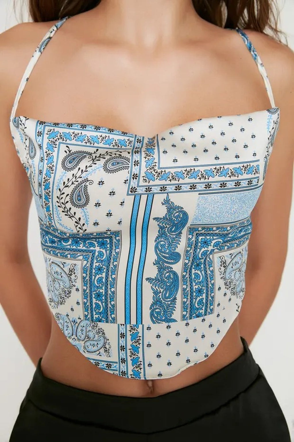Degaje Neck Tie Back Crop Woven Blouse