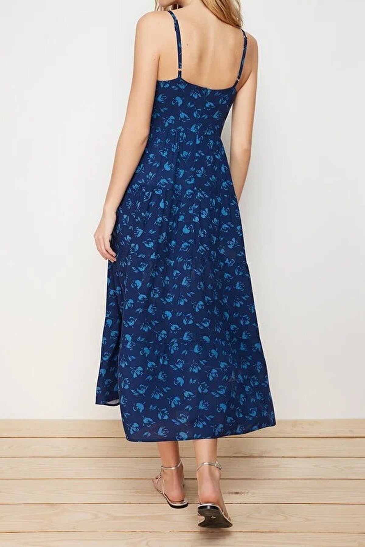 A-line Floral Patterned Strappy Midi Woven Dress