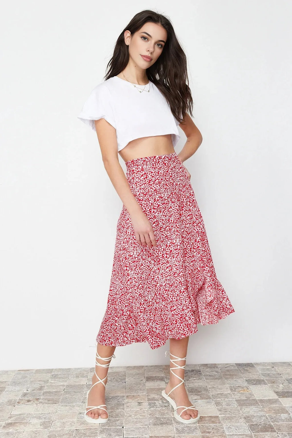 Printed High-Waisted Stretch Skirt with Gathering and Ruffles