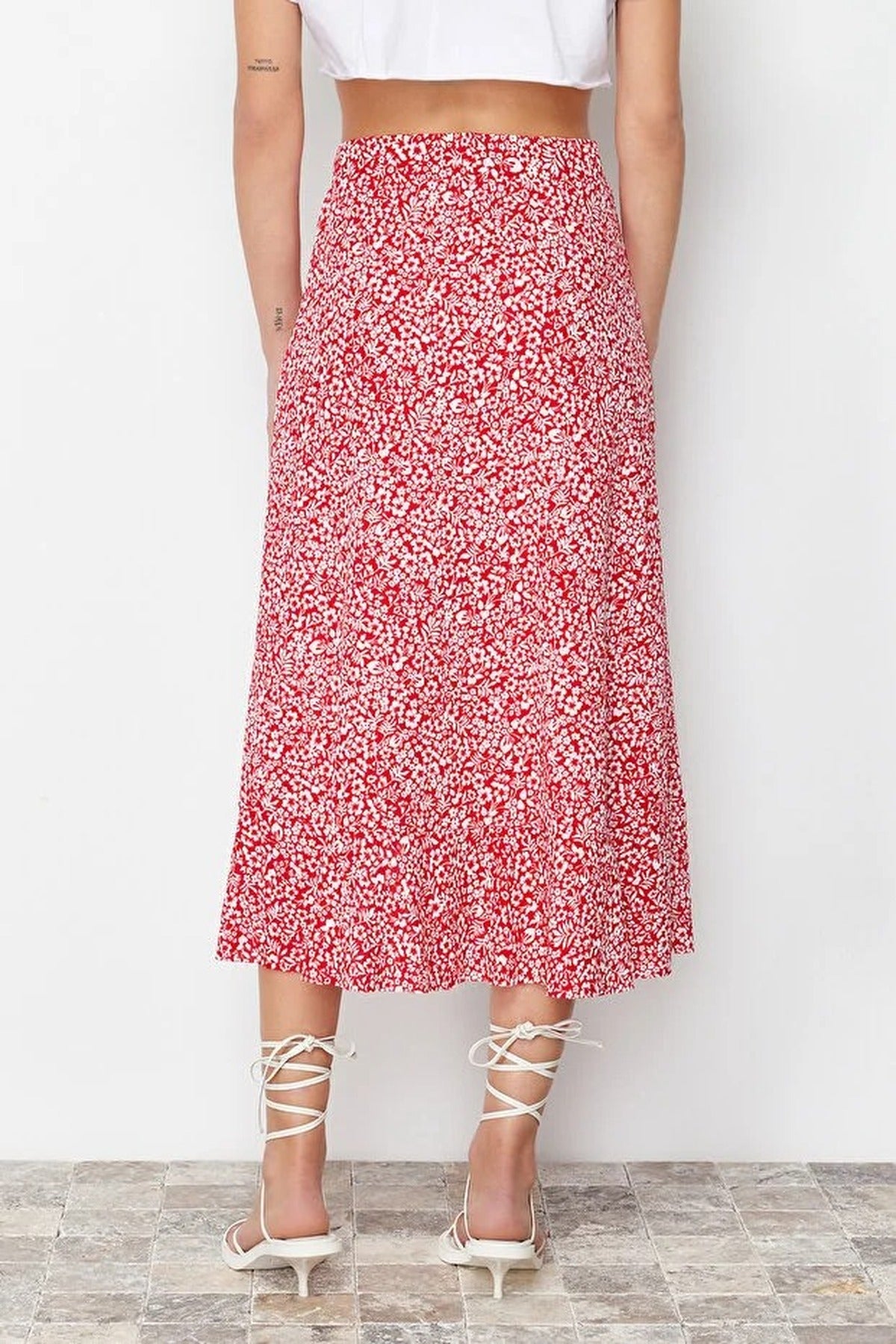 Printed High-Waisted Stretch Skirt with Gathering and Ruffles