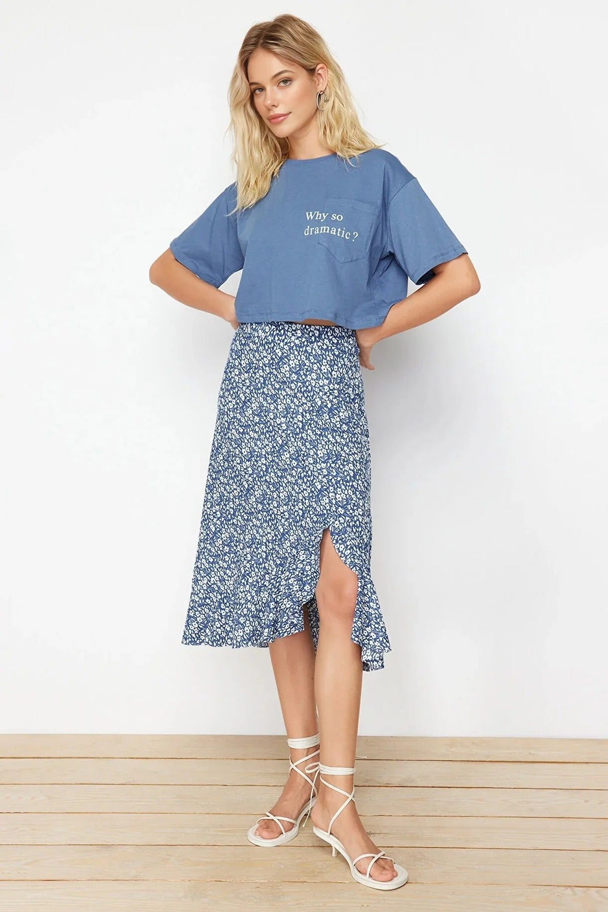 Printed High-Waisted Stretch Skirt with Gathering and Ruffles