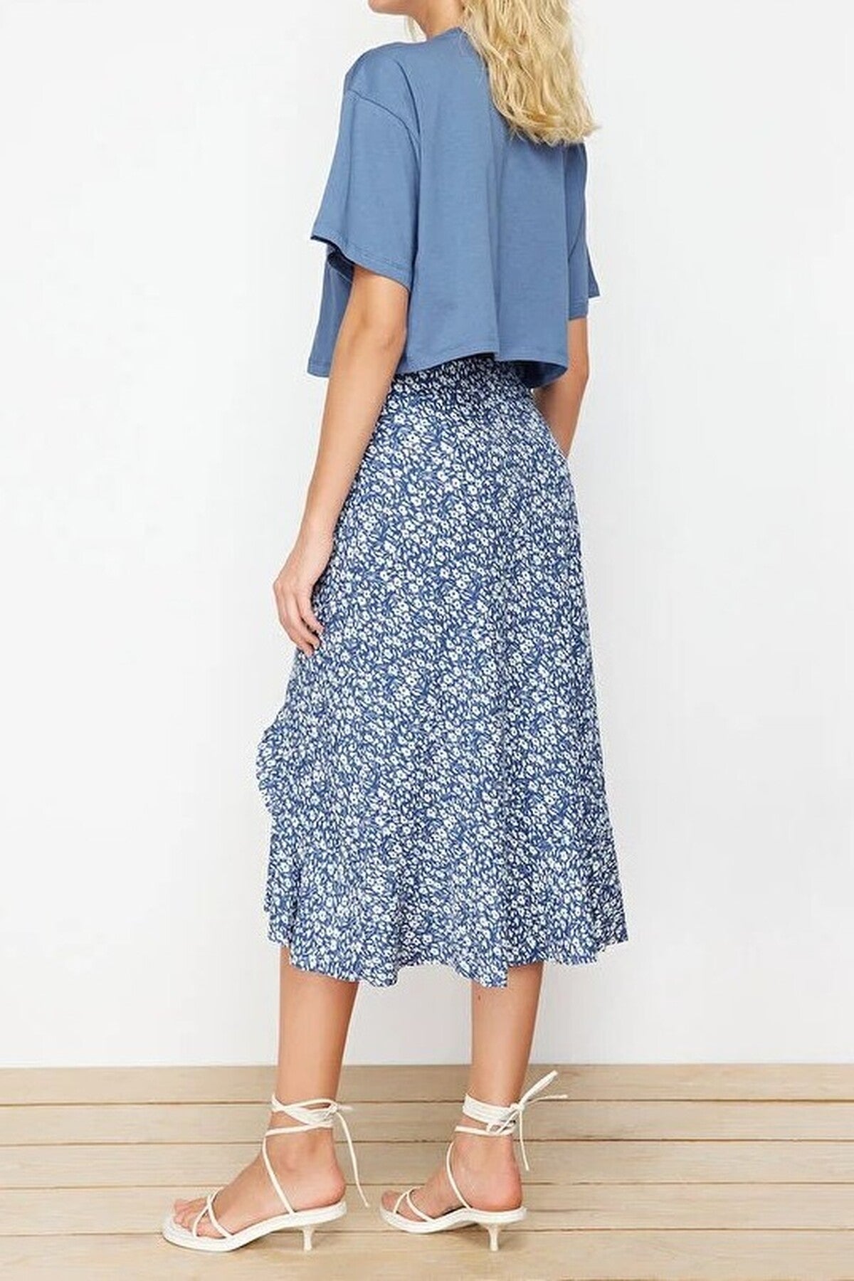 Printed High-Waisted Stretch Skirt with Gathering and Ruffles
