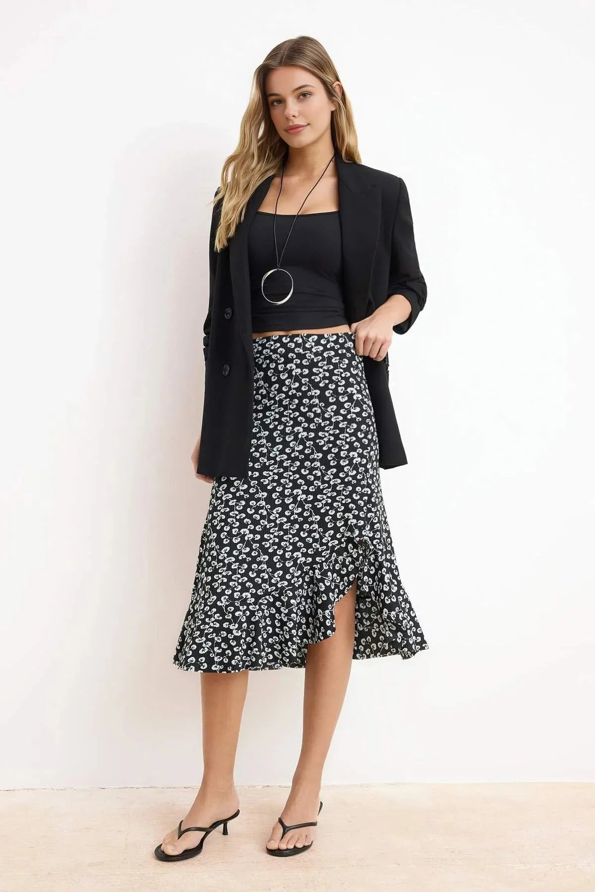 Printed High-Waisted Stretch Skirt with Gathering and Ruffles