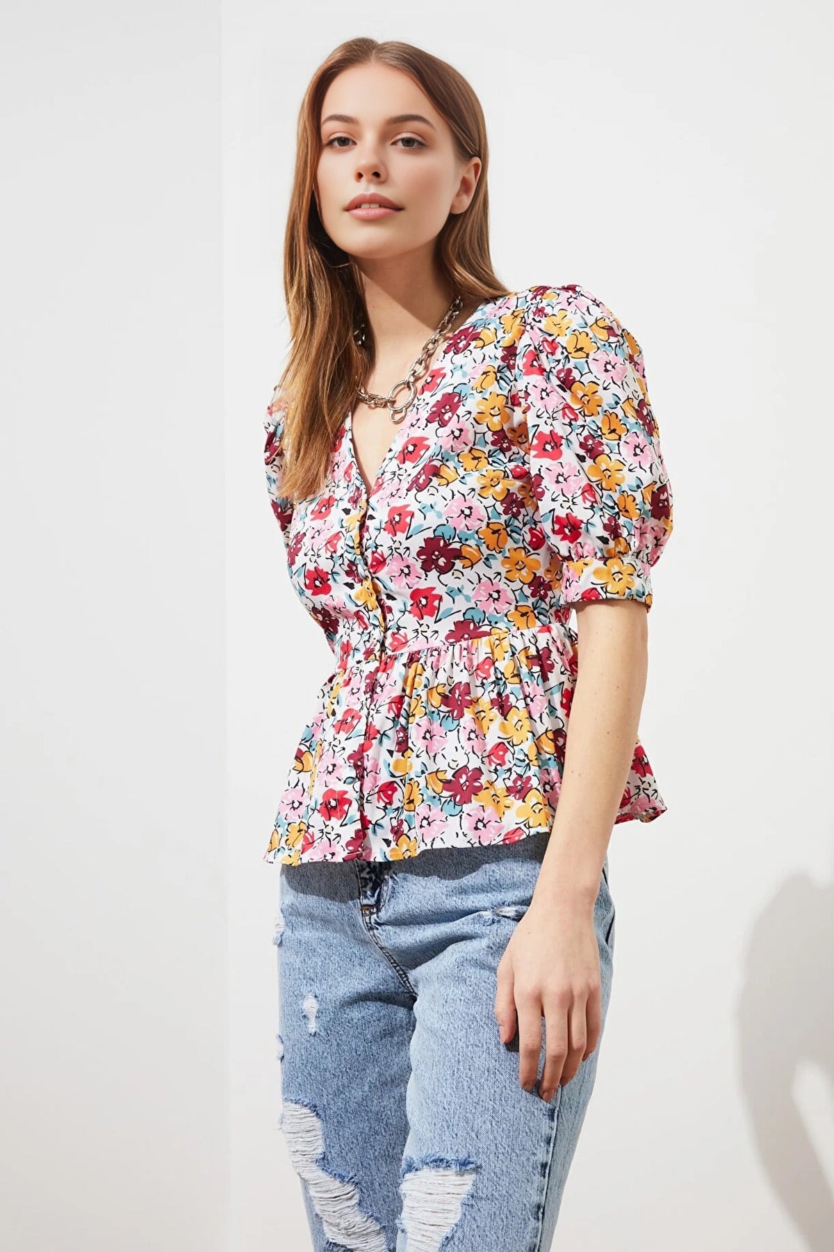 Woven Balloon Sleeve V-Neck Floral Shirt