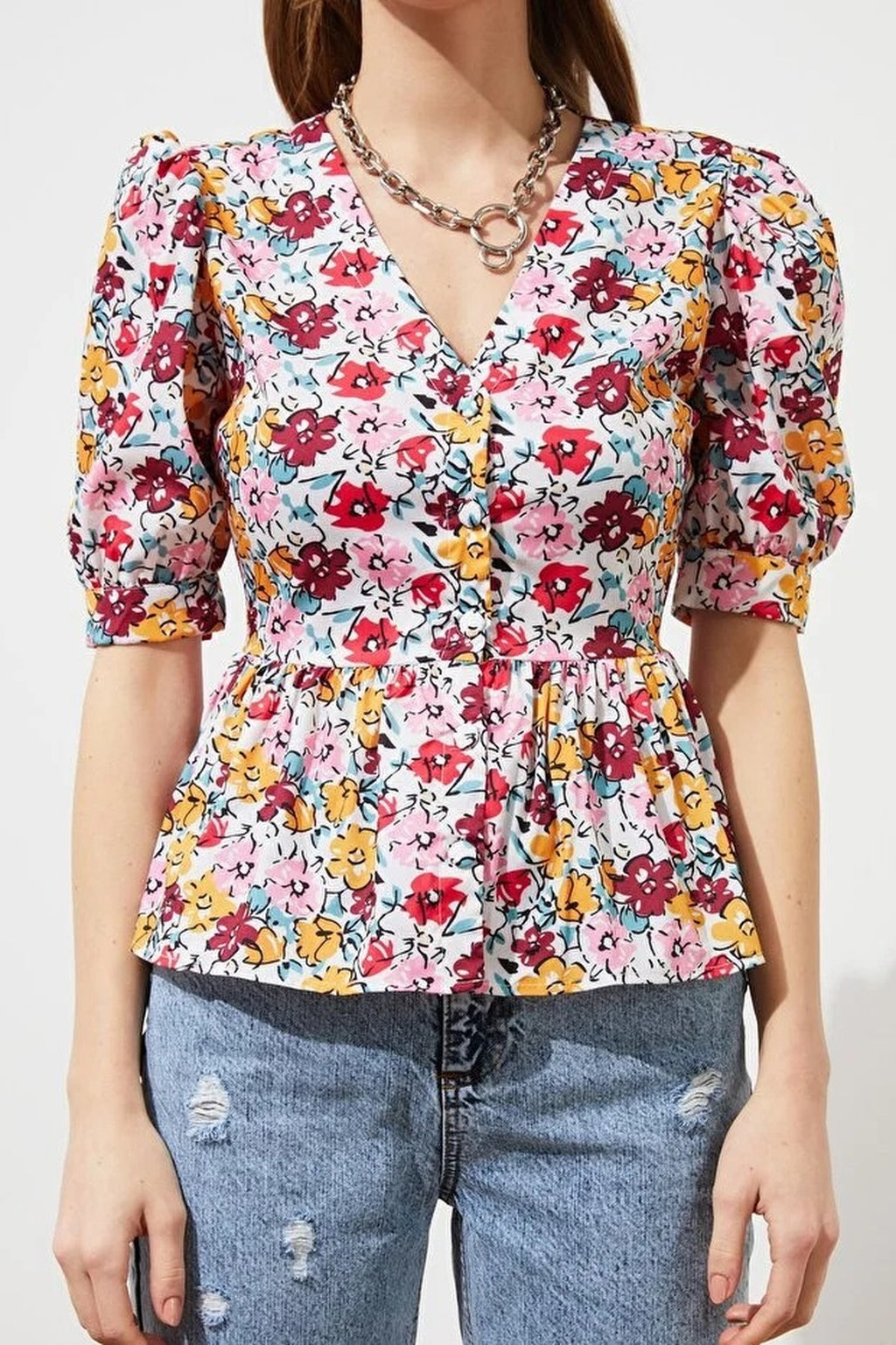 Woven Balloon Sleeve V-Neck Floral Shirt