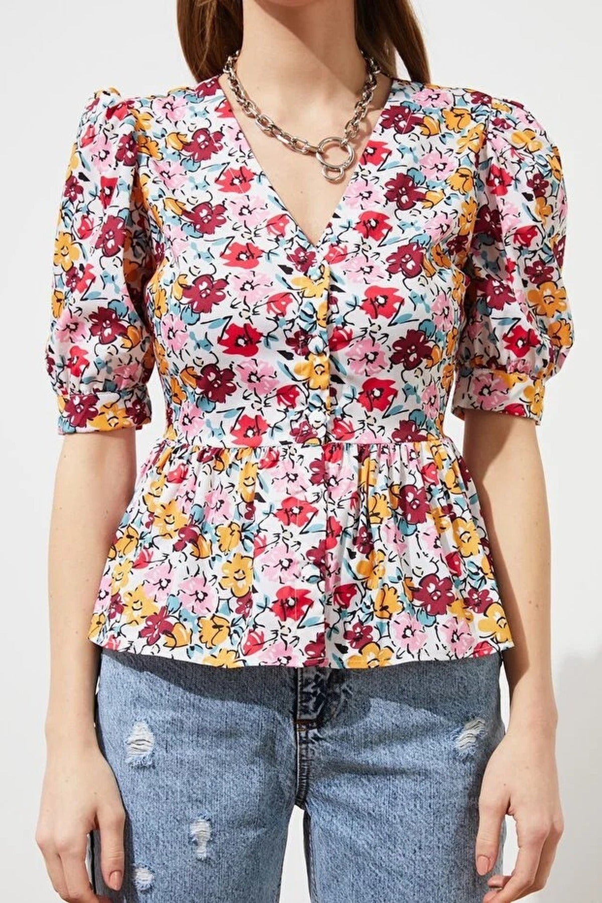 Woven Balloon Sleeve V-Neck Floral Shirt