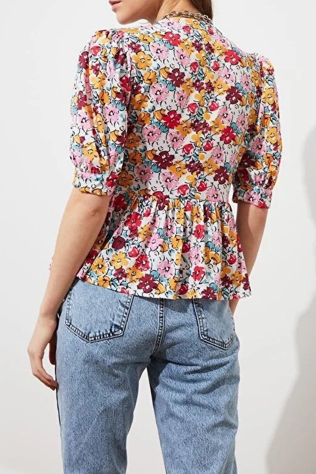 Woven Balloon Sleeve V-Neck Floral Shirt