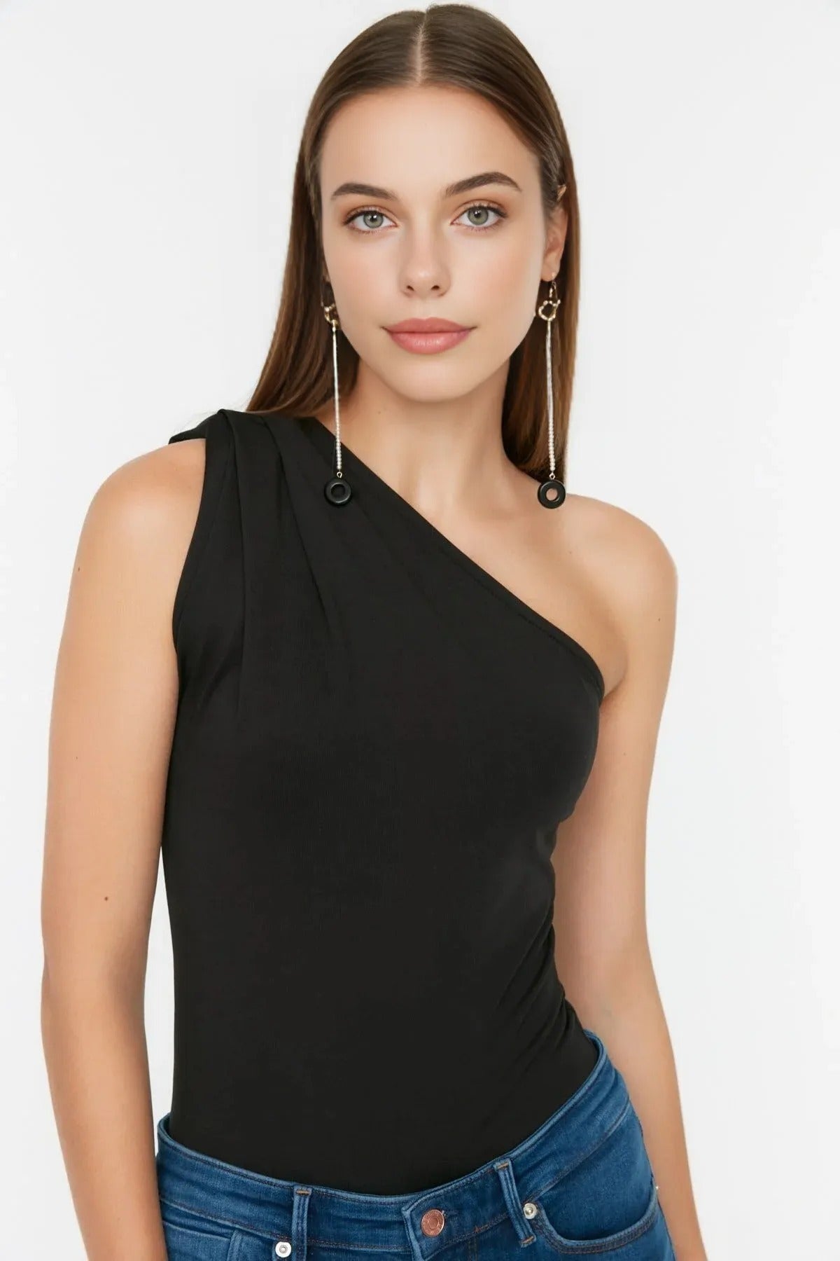 Printed Asymmetrical Collar Elastic Snap Button Knitted Bodysuit