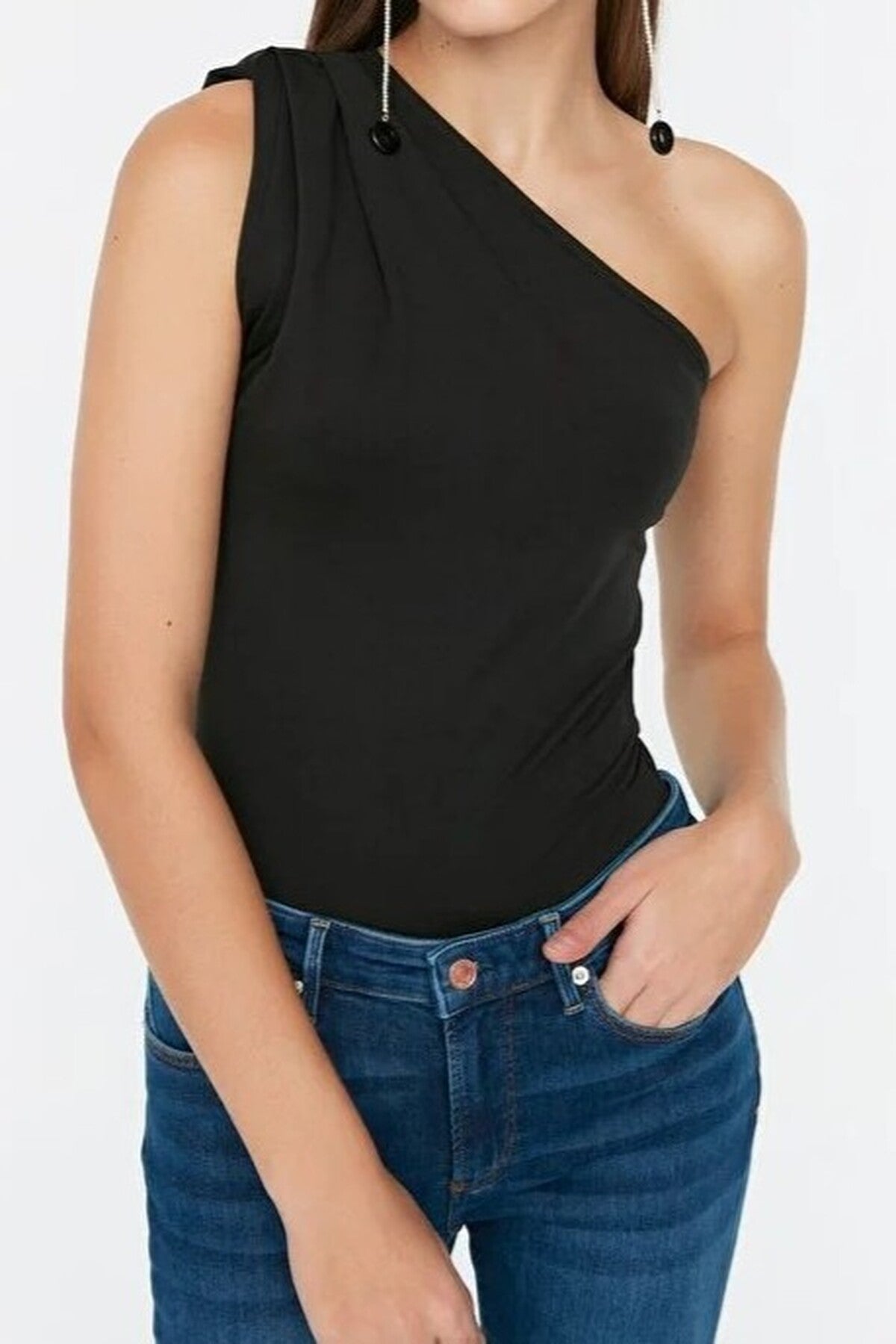 Printed Asymmetrical Collar Elastic Snap Button Knitted Bodysuit