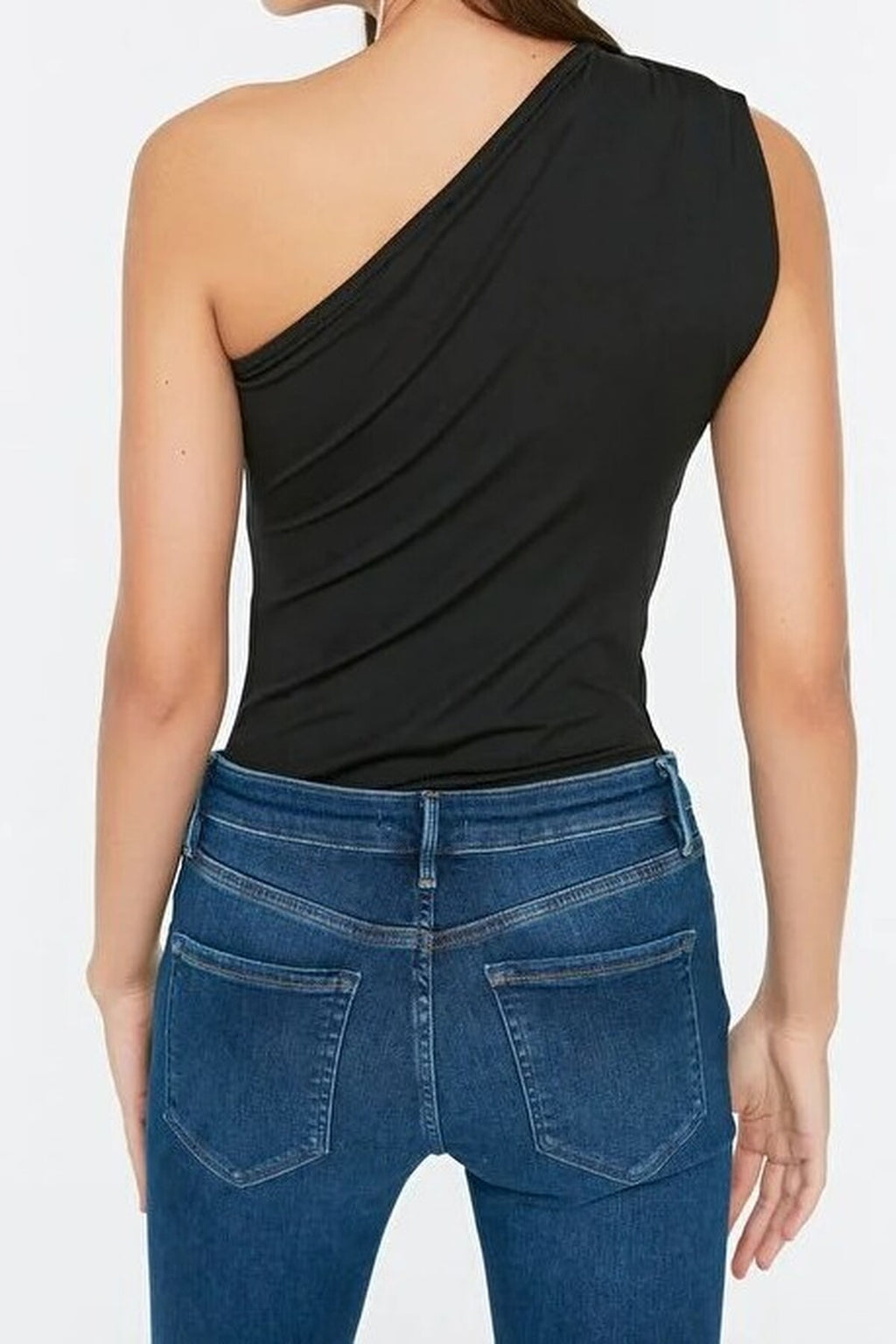 Printed Asymmetrical Collar Elastic Snap Button Knitted Bodysuit