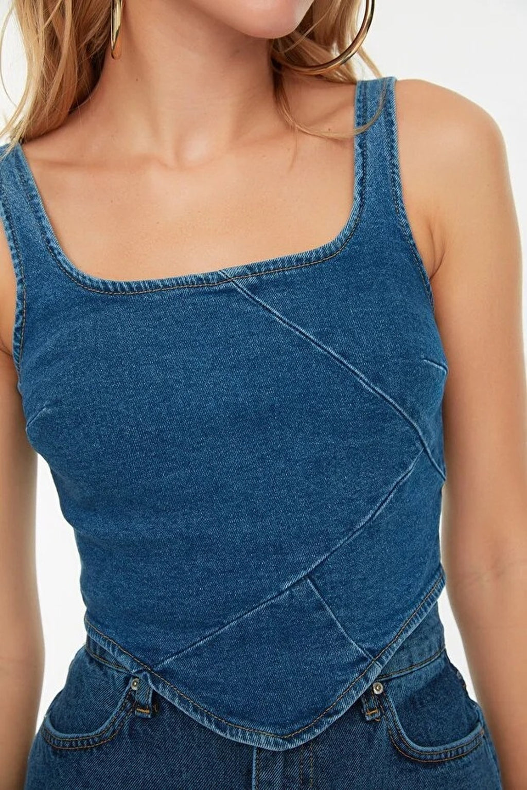 Strappy Denim Blouse with Stitching Detail