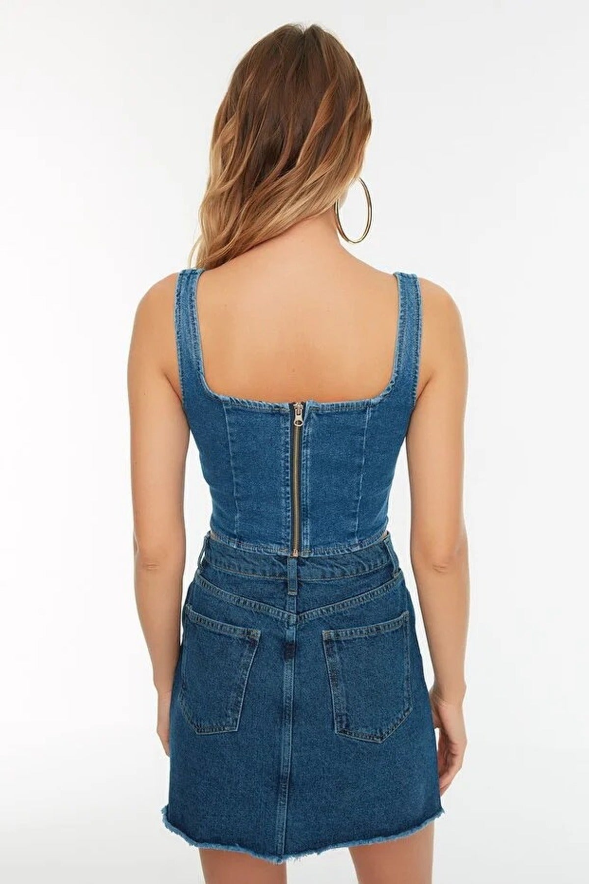 Strappy Denim Blouse with Stitching Detail