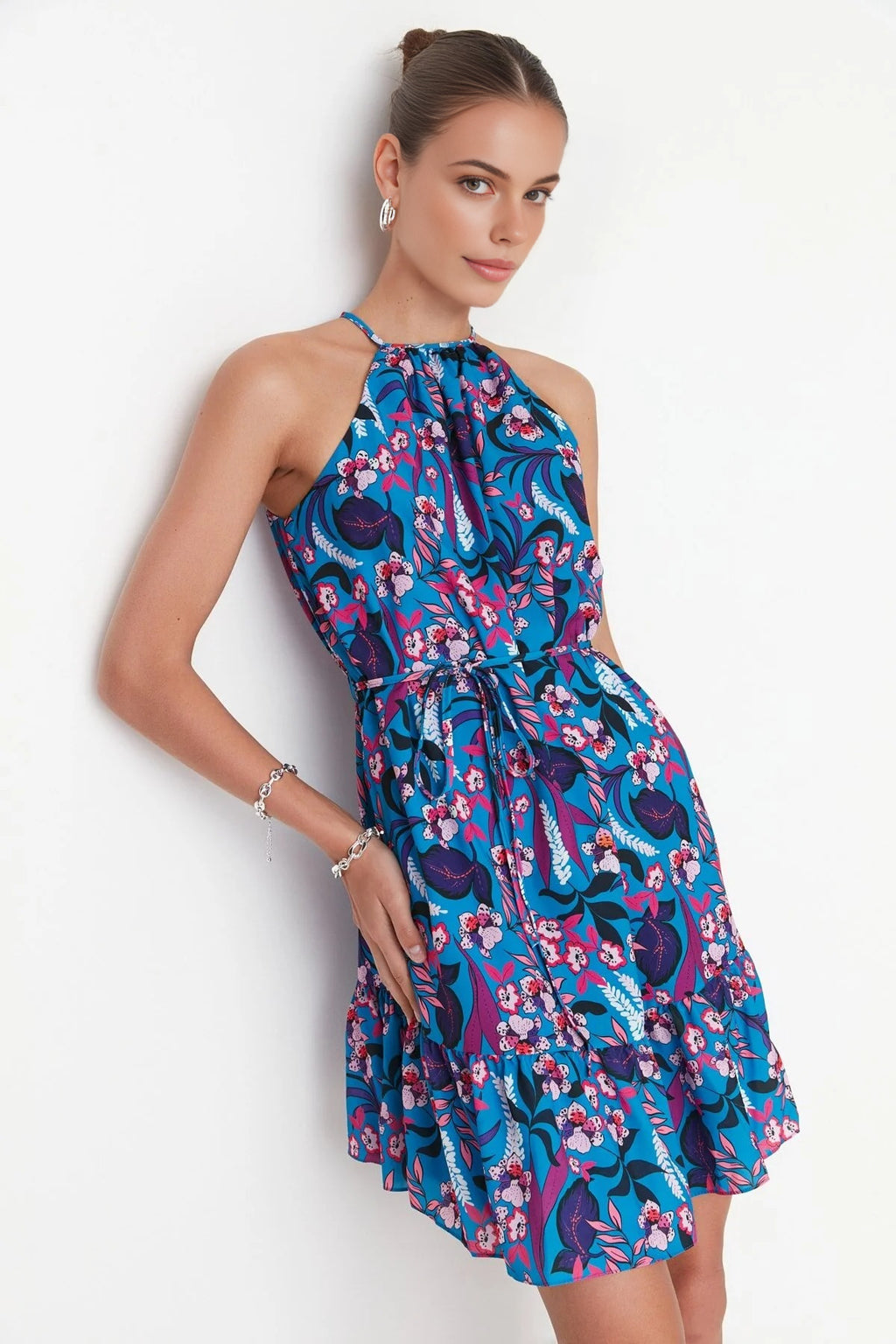 Floral Halter Neck A-Line Mini Woven Dress with Tie Detail