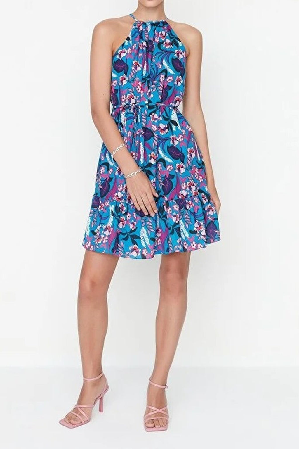Floral Halter Neck A-Line Mini Woven Dress with Tie Detail