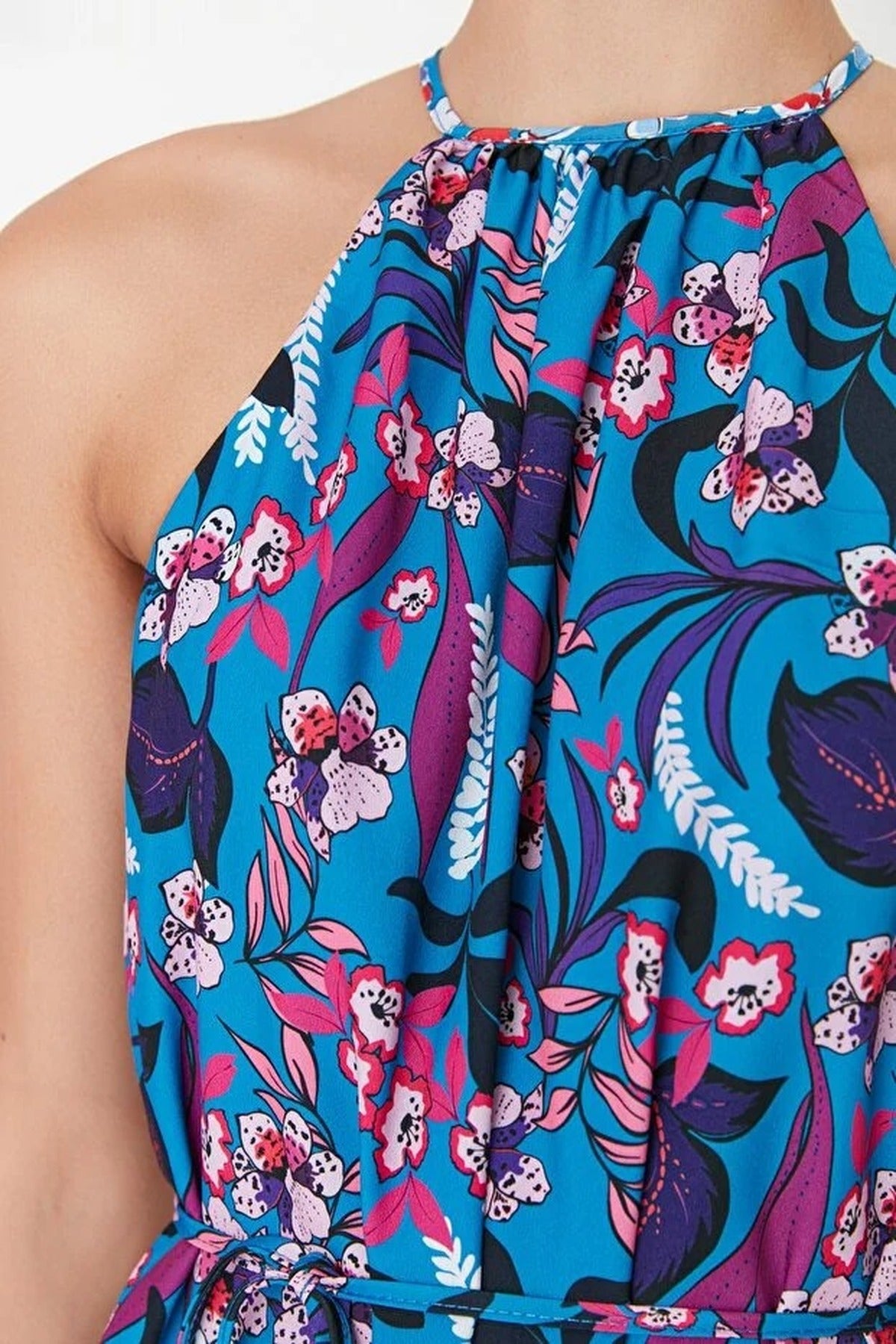 Floral Halter Neck A-Line Mini Woven Dress with Tie Detail