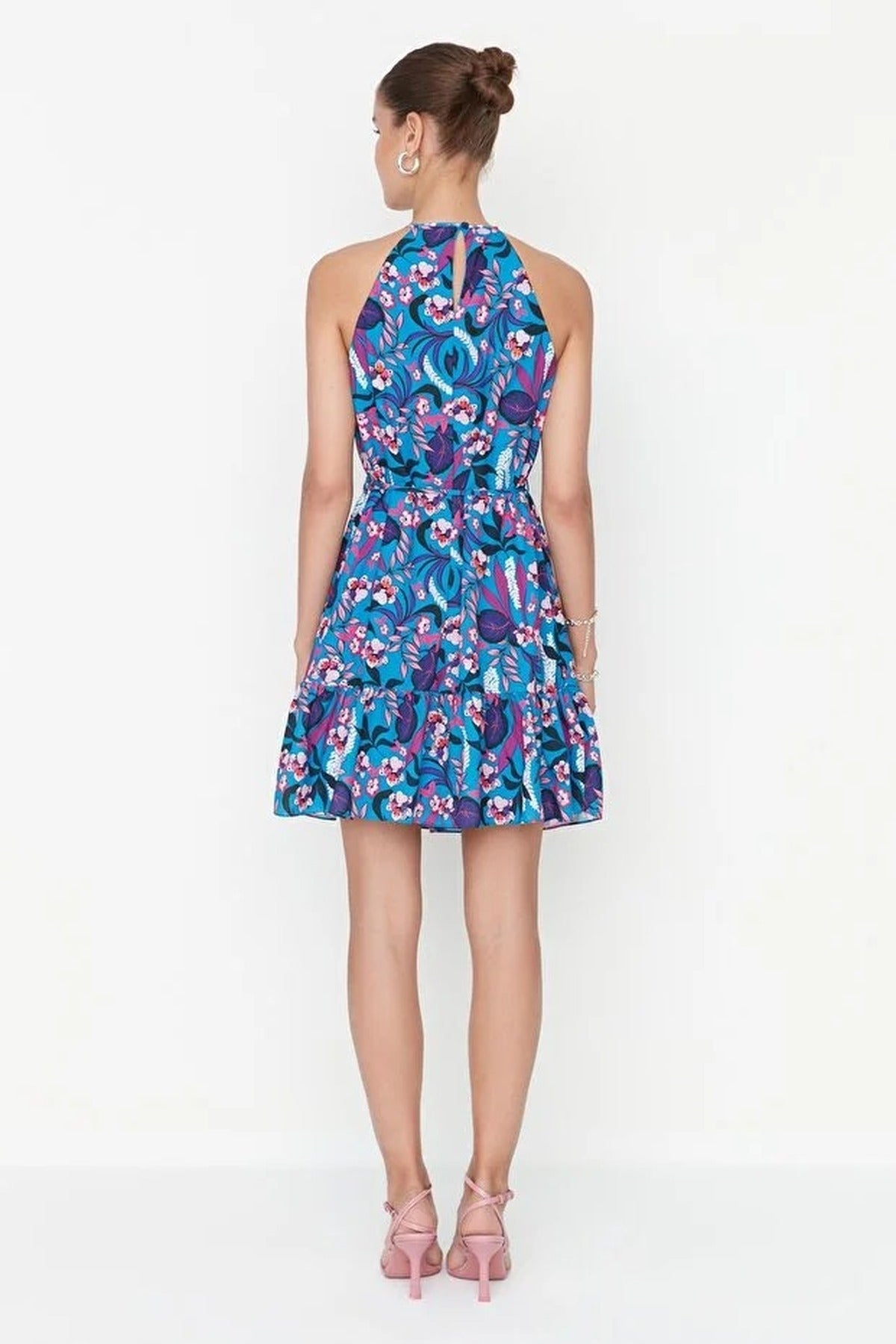 Floral Halter Neck A-Line Mini Woven Dress with Tie Detail