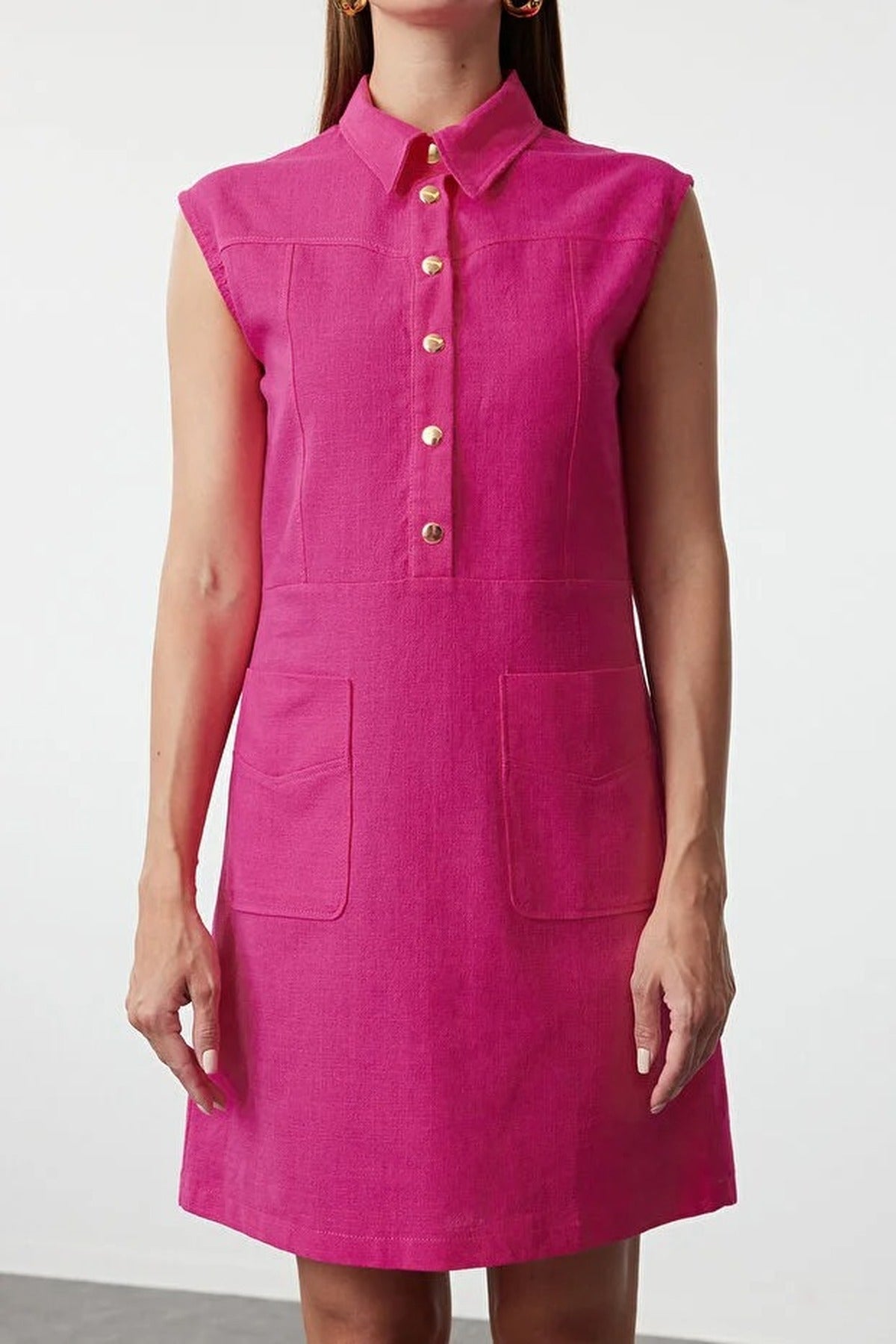 Straight Cut Shirt Collar Linen-Look Mini Woven Dress