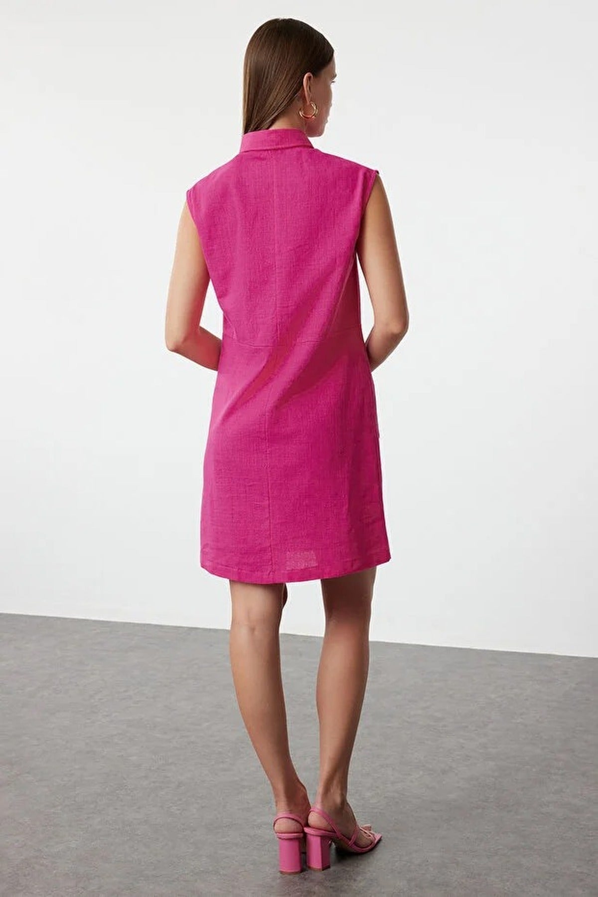 Straight Cut Shirt Collar Linen-Look Mini Woven Dress