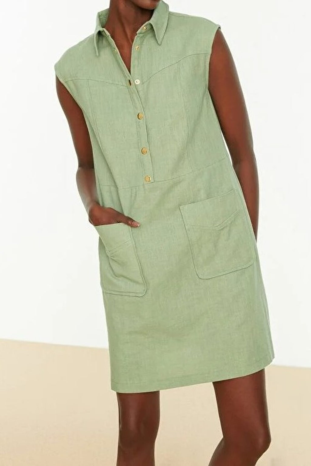 Straight Cut Shirt Collar Linen-Look Mini Woven Dress