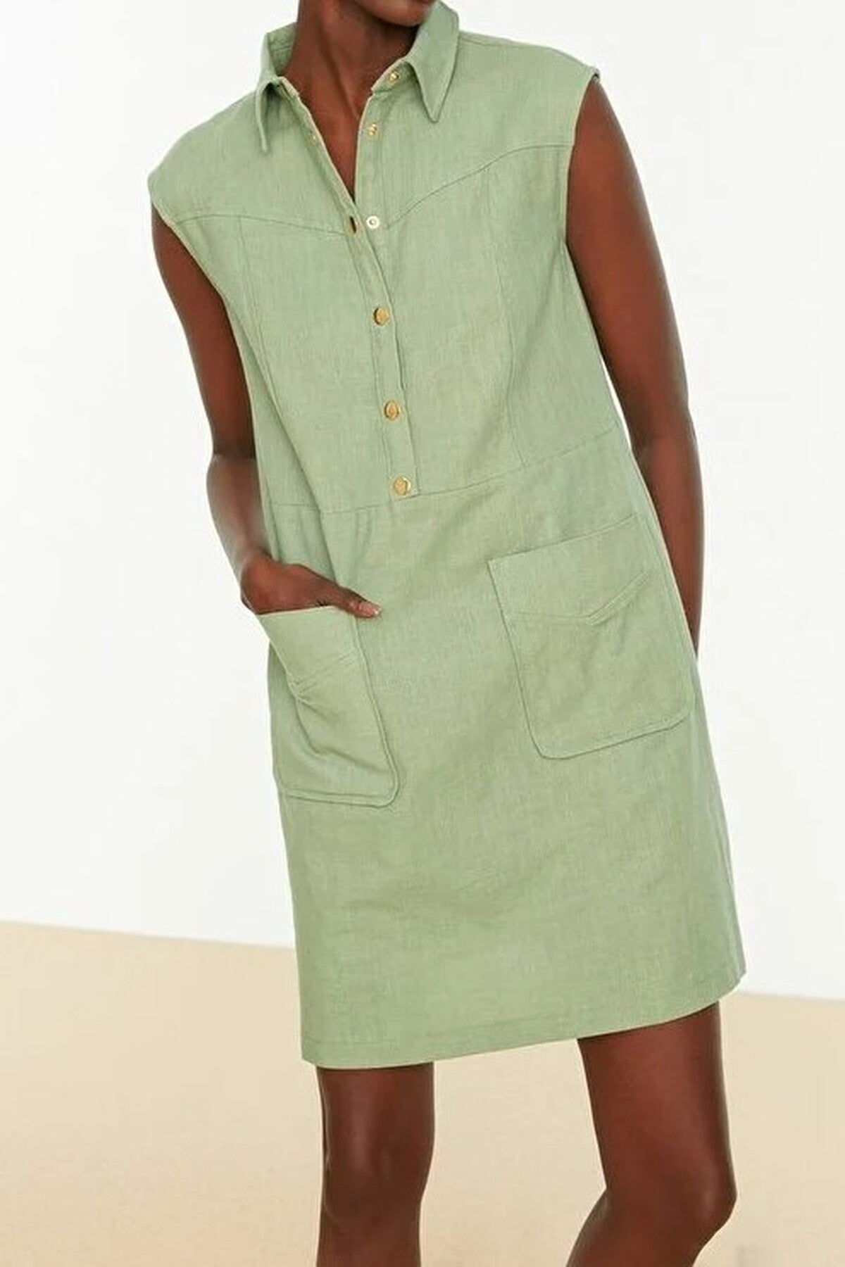 Straight Cut Shirt Collar Linen-Look Mini Woven Dress