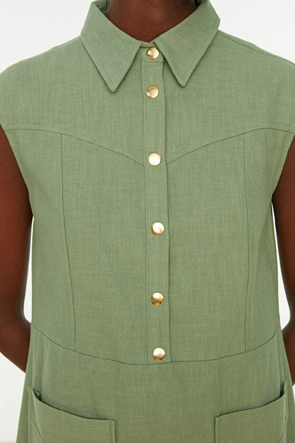 Straight Cut Shirt Collar Linen-Look Mini Woven Dress