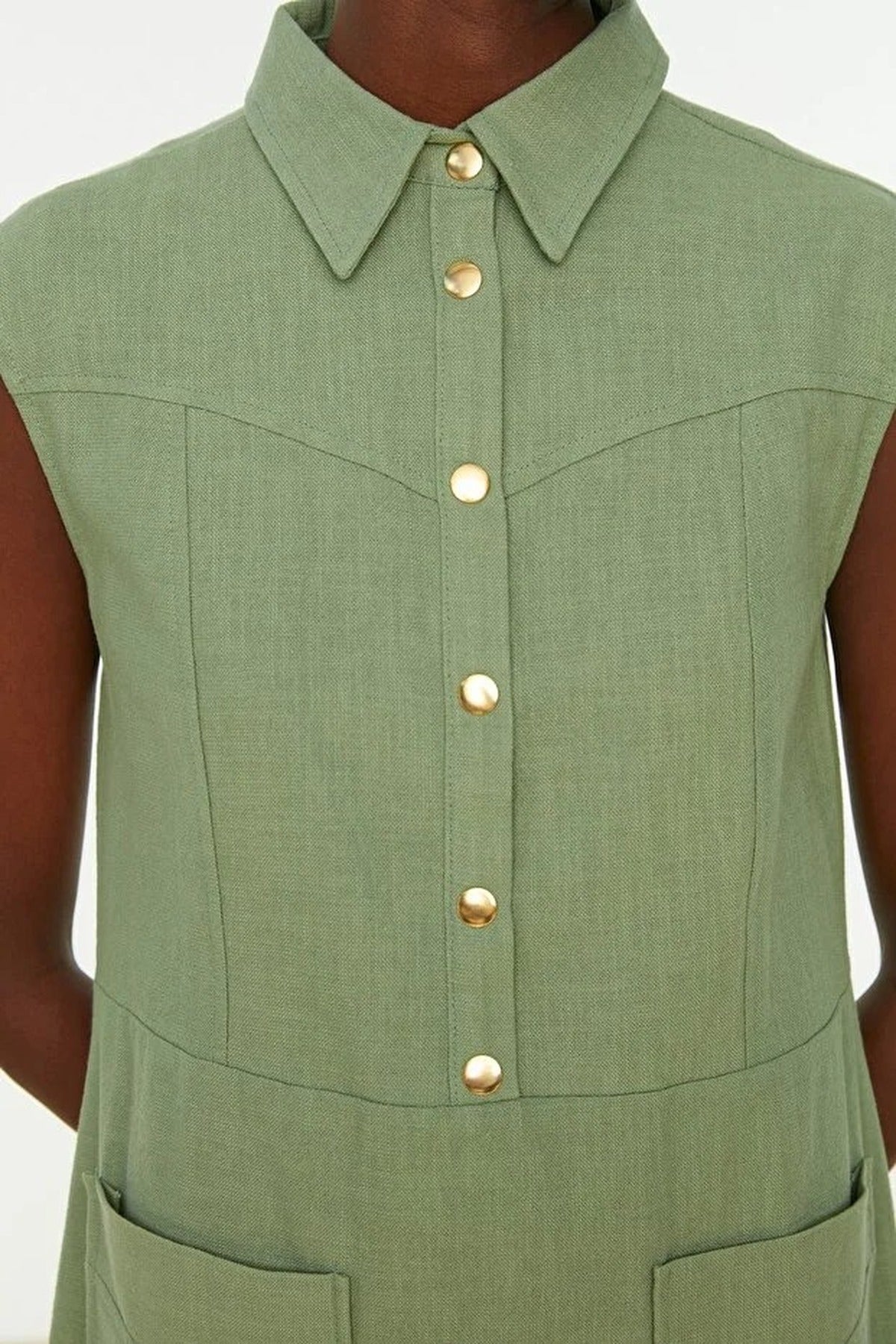 Straight Cut Shirt Collar Linen-Look Mini Woven Dress