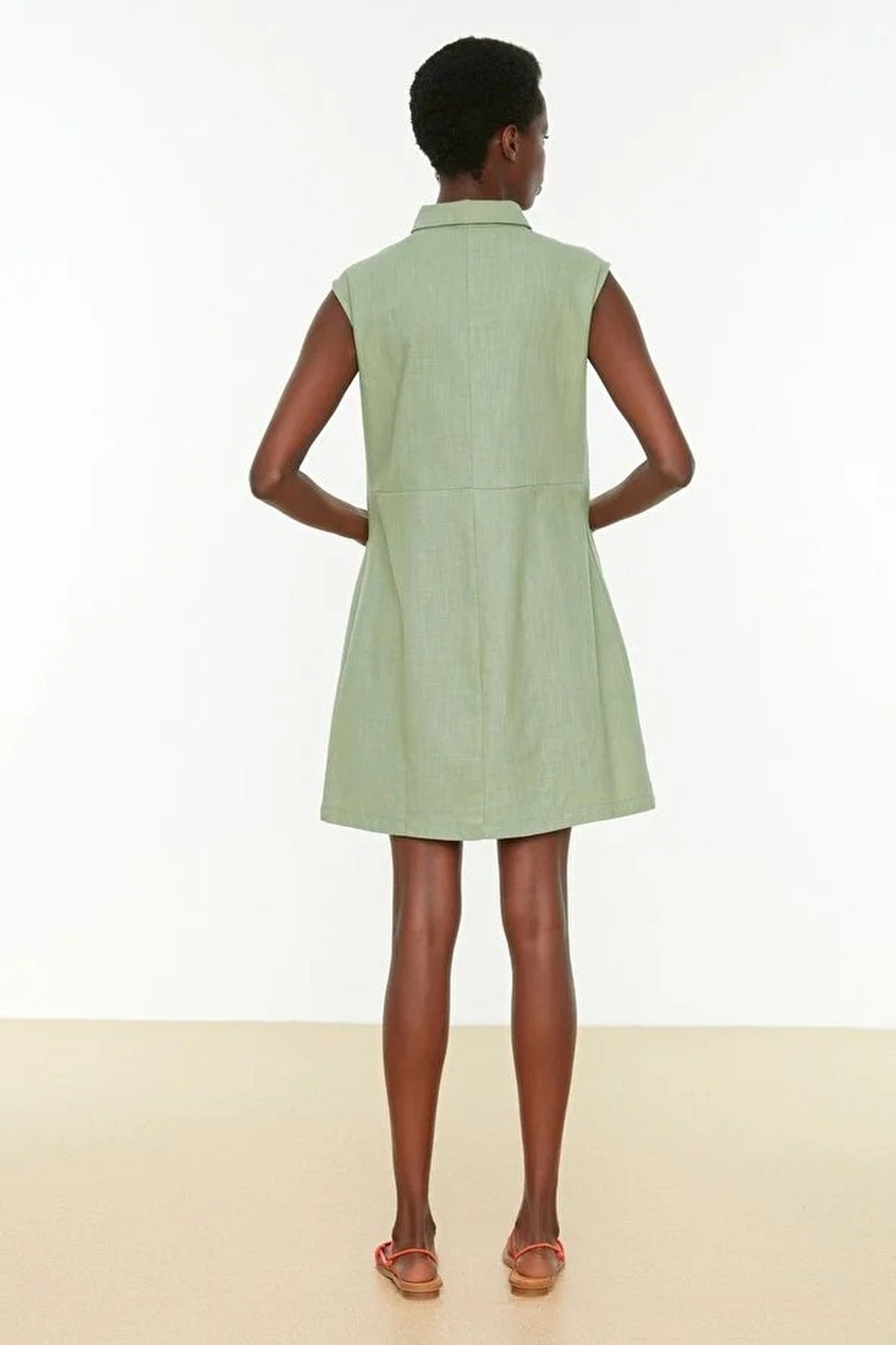 Straight Cut Shirt Collar Linen-Look Mini Woven Dress