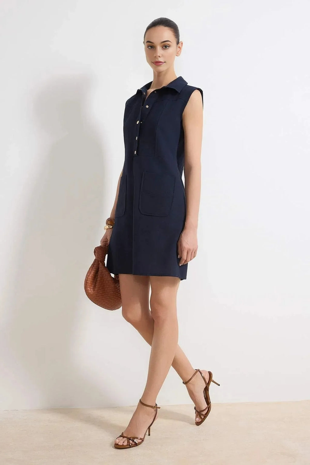Straight Cut Shirt Collar Linen-Look Mini Woven Dress