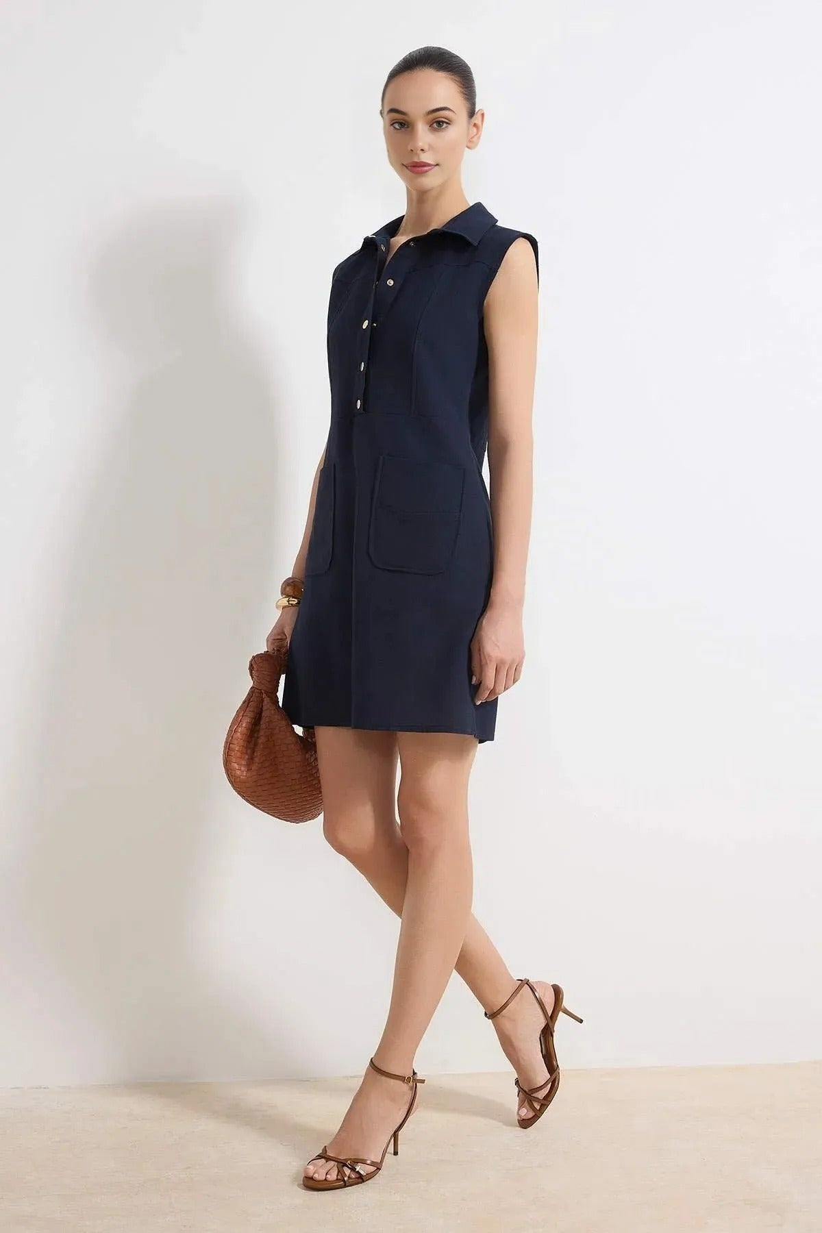 Straight Cut Shirt Collar Linen-Look Mini Woven Dress