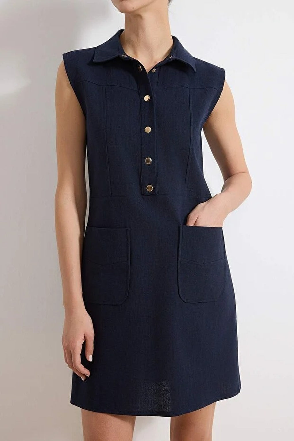 Straight Cut Shirt Collar Linen-Look Mini Woven Dress